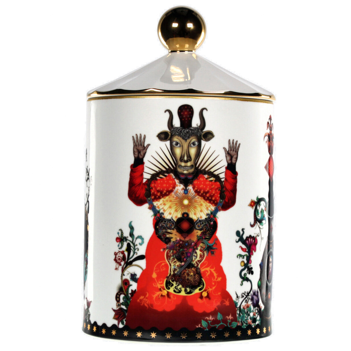 Bougie parfumée en porcelaine blanche avec couvercle boule doré et motif oriental rouge