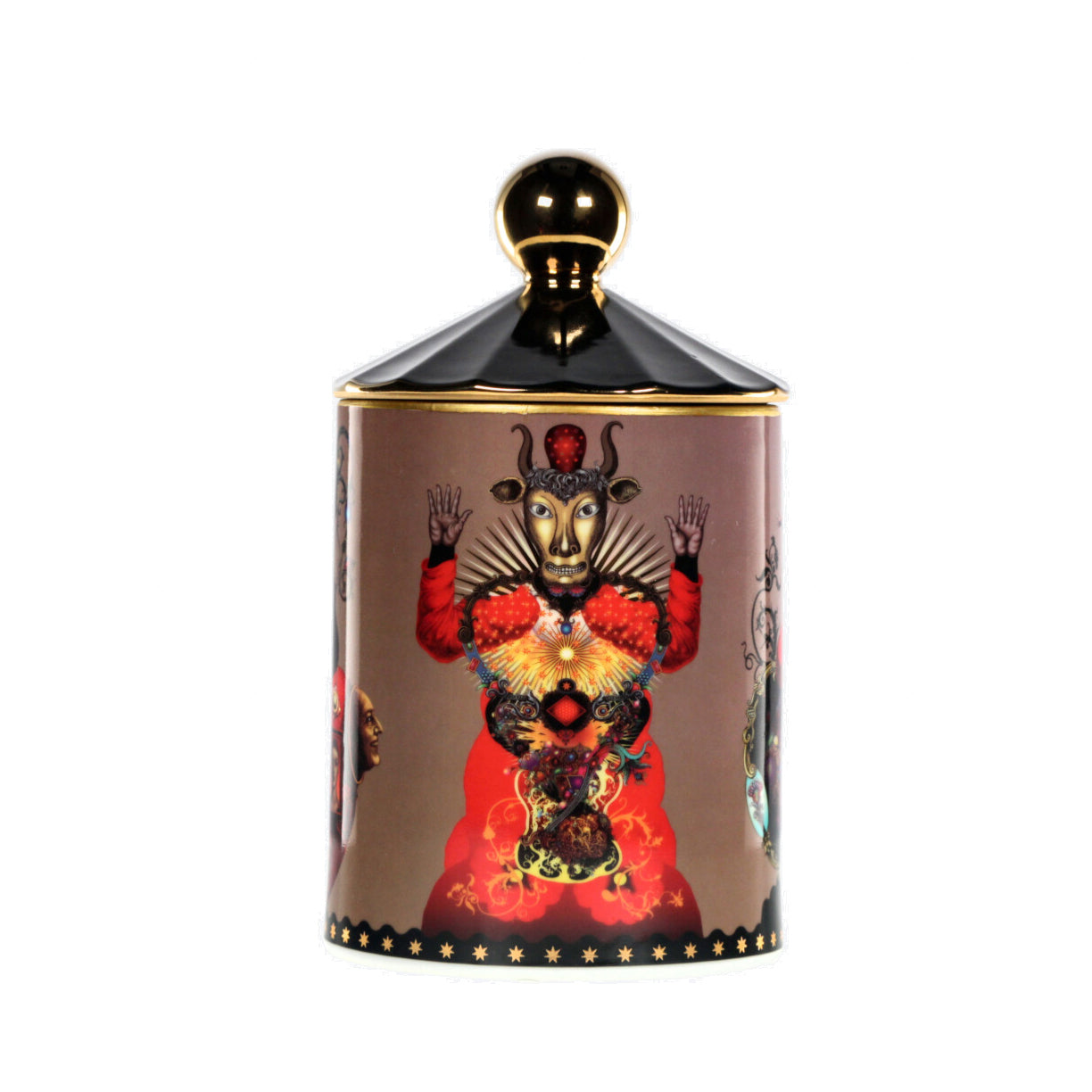 Bougie parfumée en porcelaine à couvercle noir, décor oriental rouge et doré
