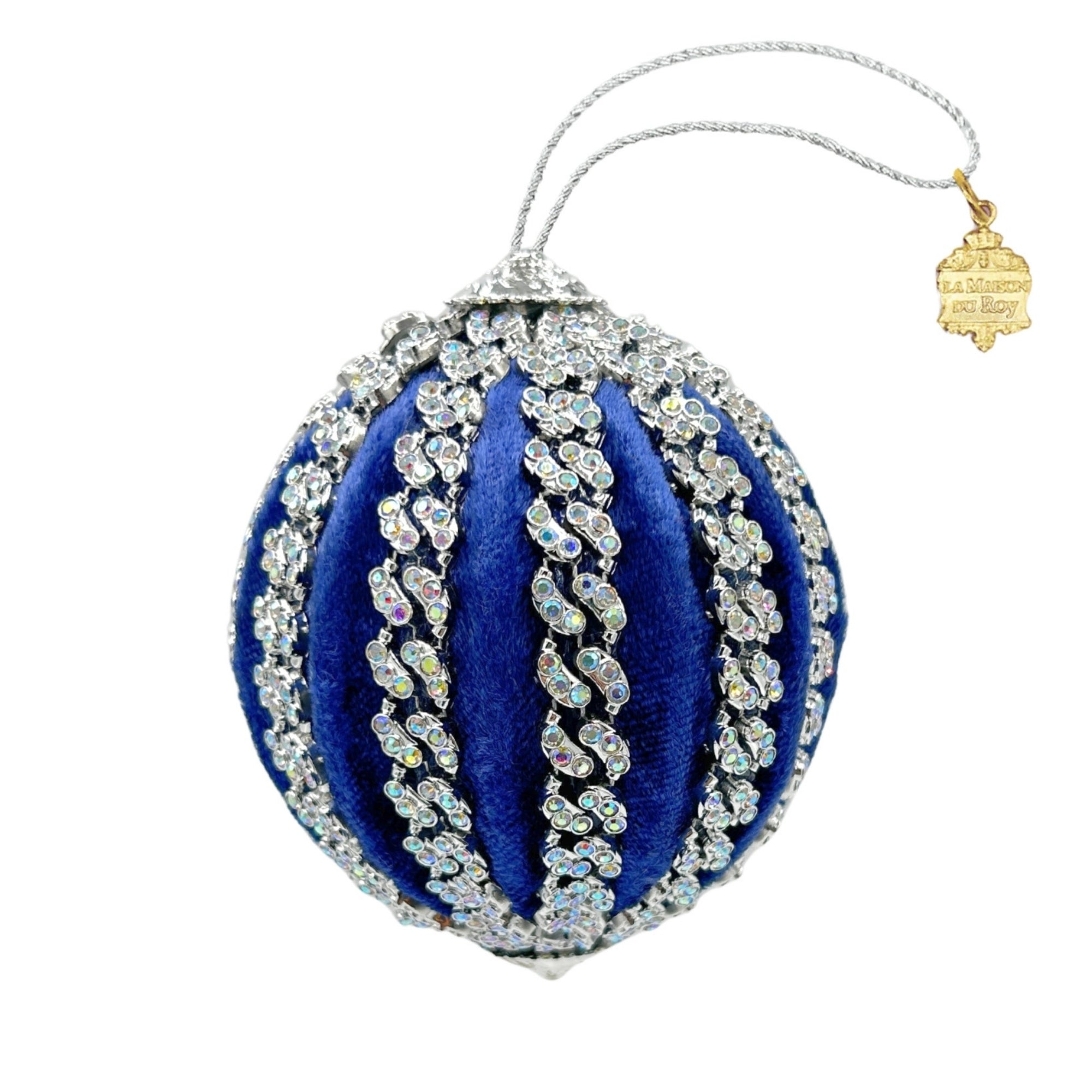 Boule de Noël en velours bleu profond ornée de chaînes de strass argentés et cordon argenté