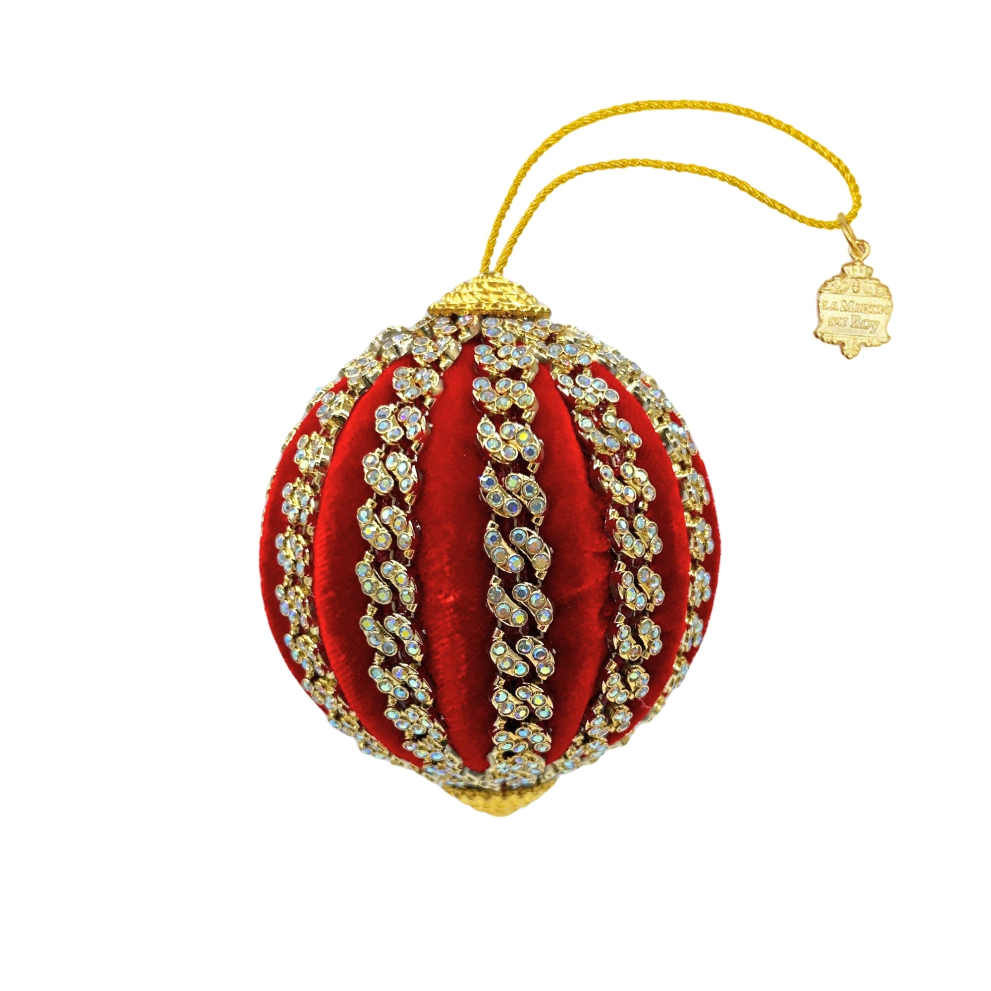 Boule de Noël en velours rouge avec chaînettes strassées et cordon doré