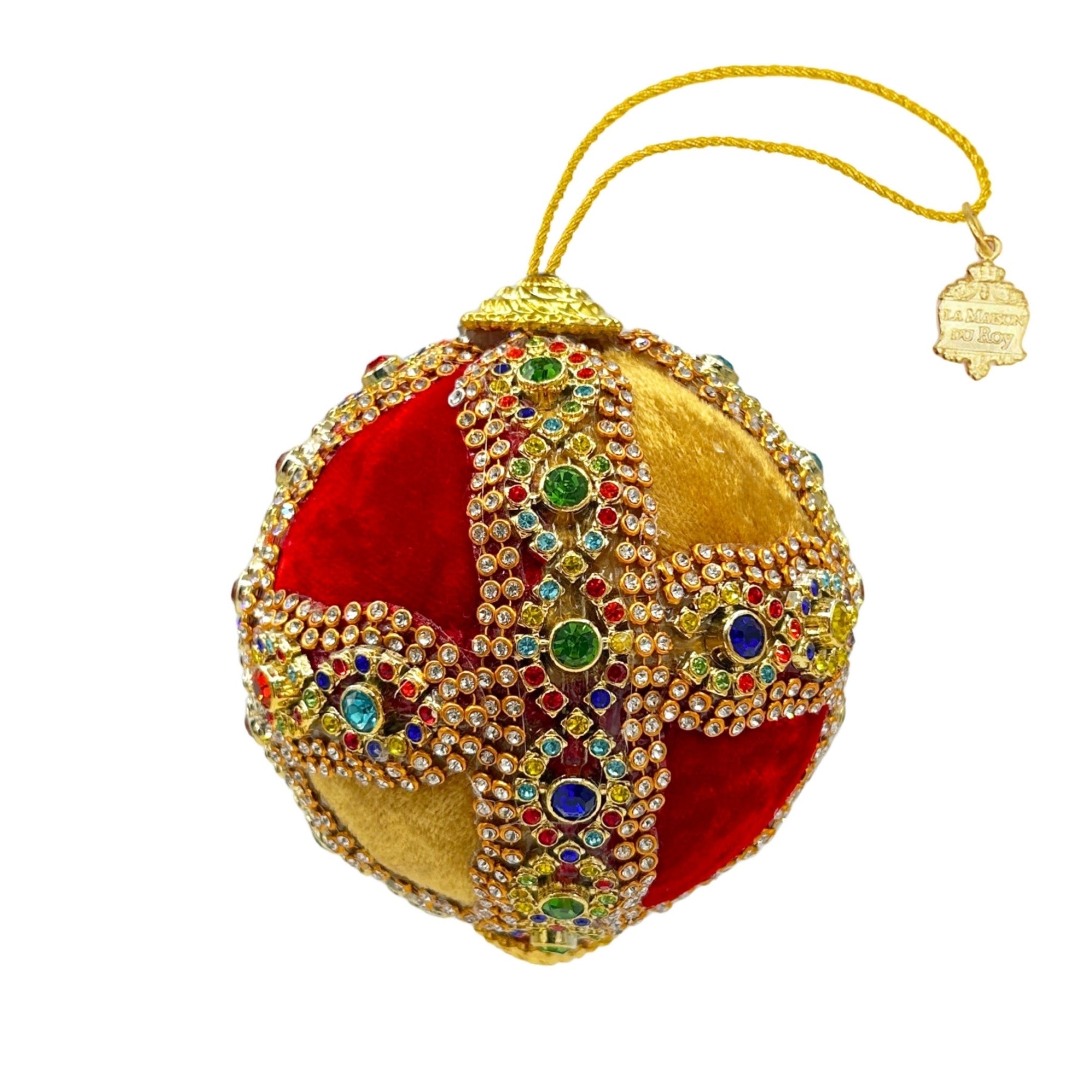 Boule de Noël en velours rouge et or croix brodée de strass multicolores