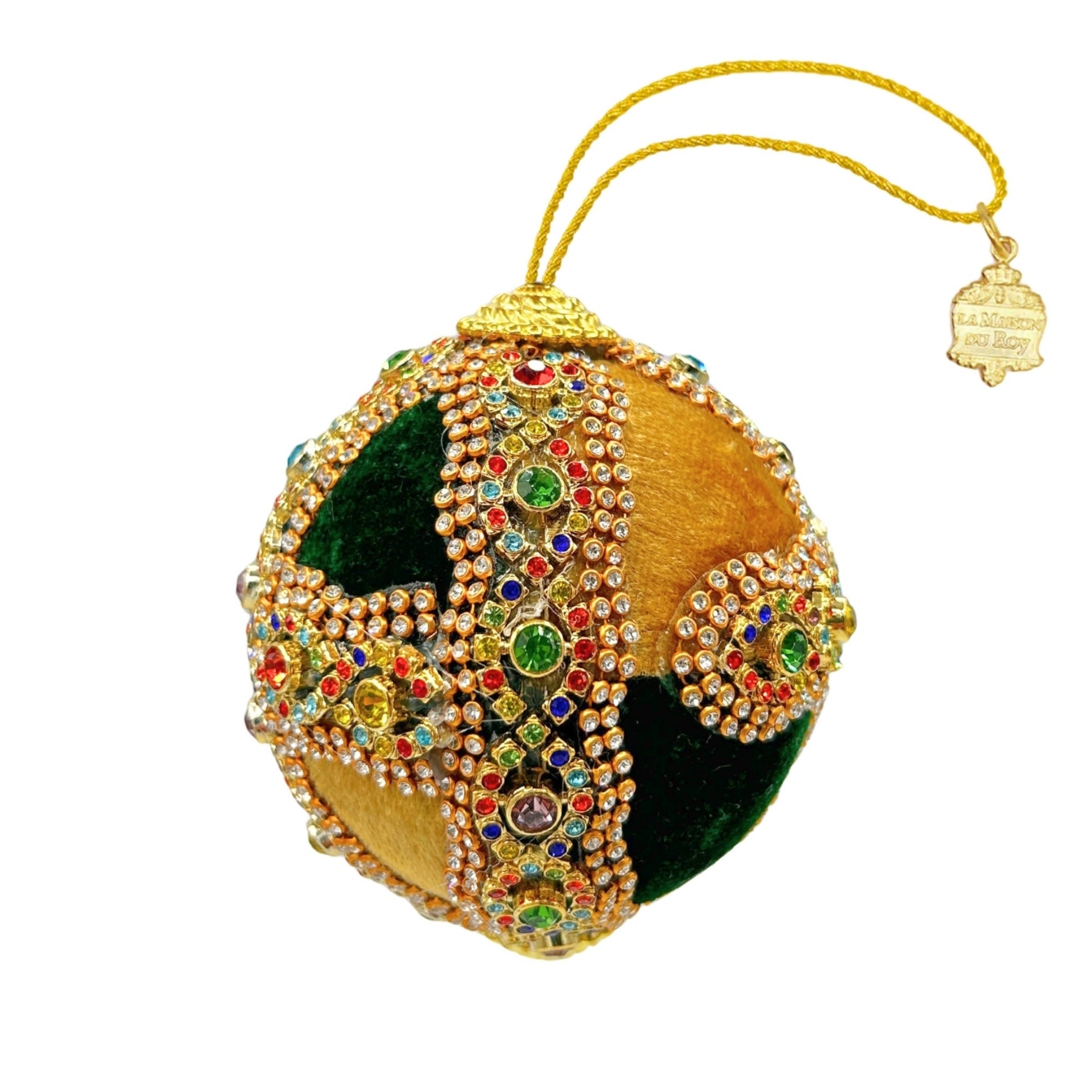 Boule de Noël en velours vert et doré croix strassée avec motif de pierres multicolores