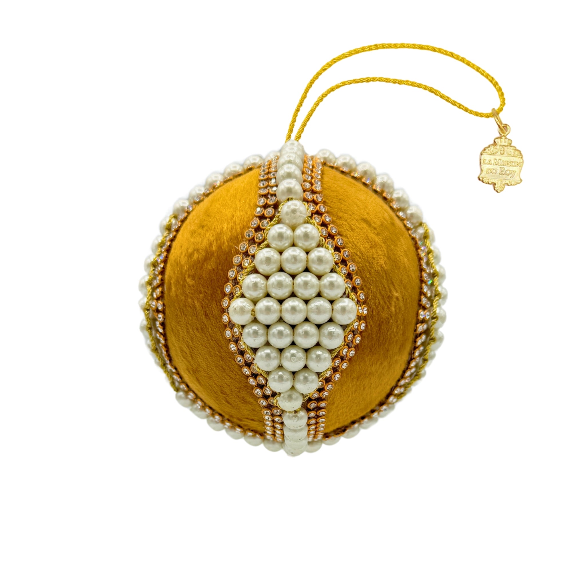 Boule de Noël en velours doré ornée de perles blanches et strass, avec cordon
