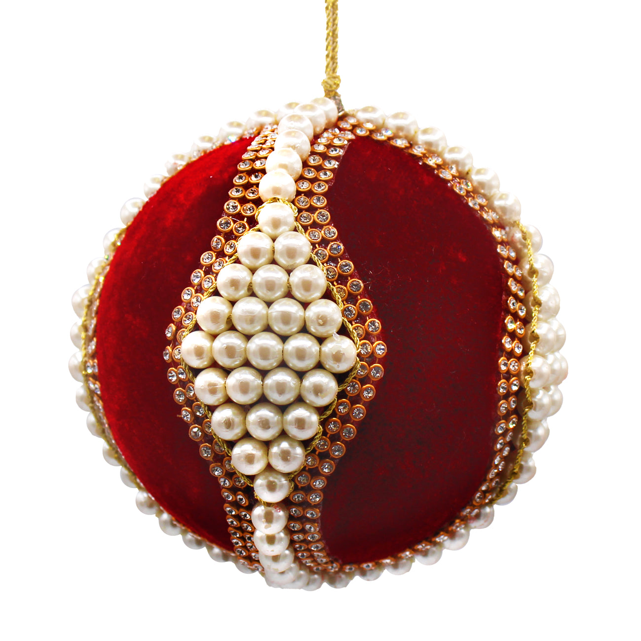 Boule de Noël en velours rouge ornée de perles blanches et strass dorés