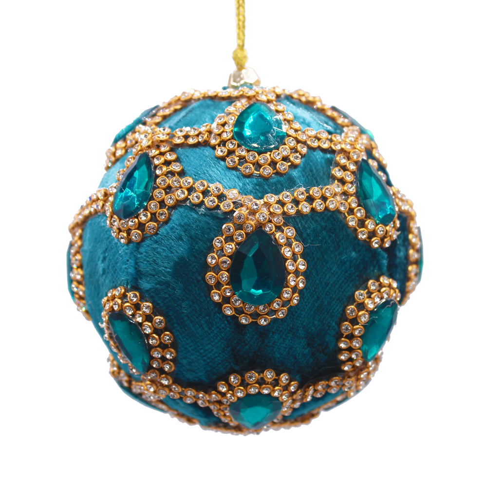 Boule de Noël en velours turquoise ornée de strass dorés et gouttes de cristal