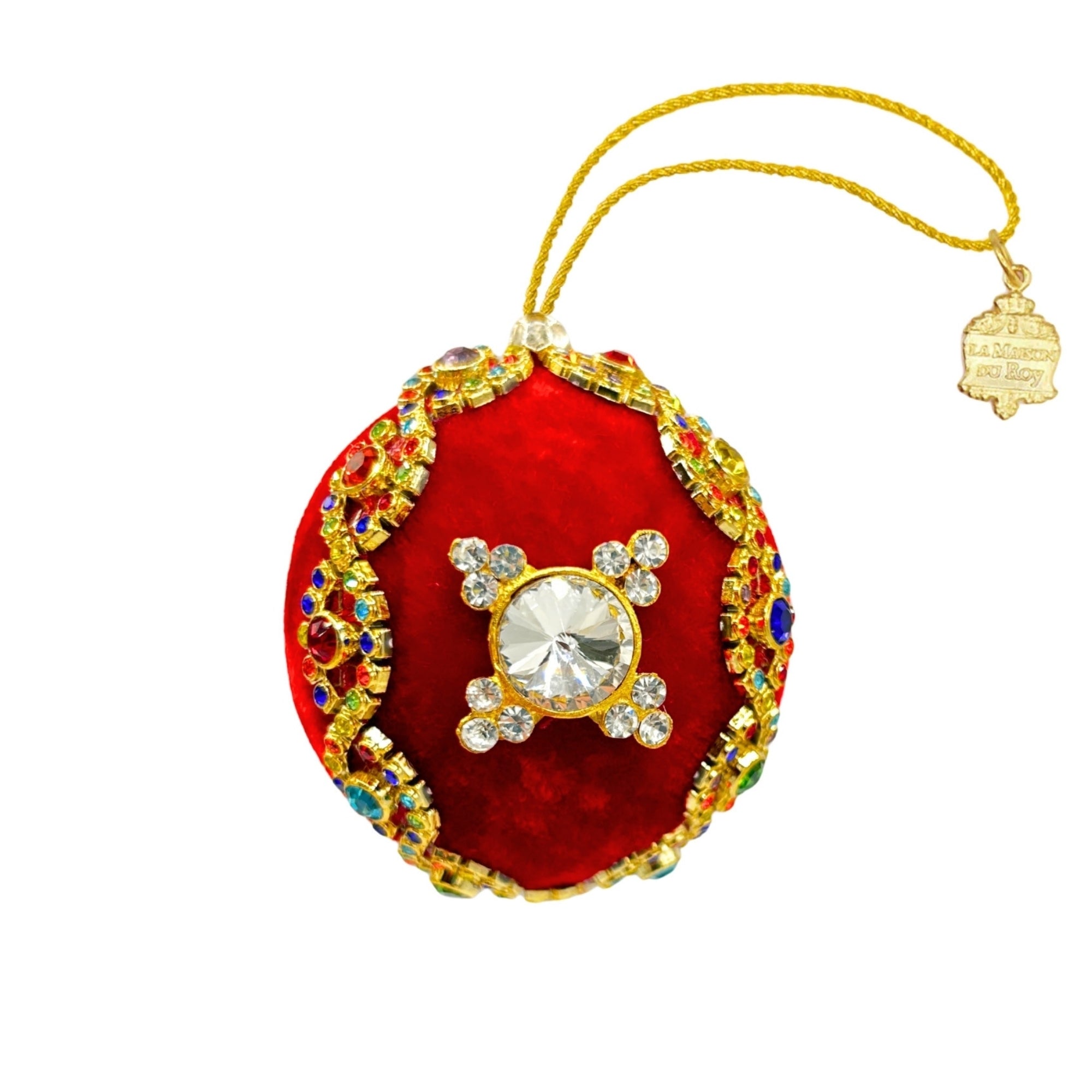 Boule de Noël en velours rouge ornée de strass multicolores et médaille dorée