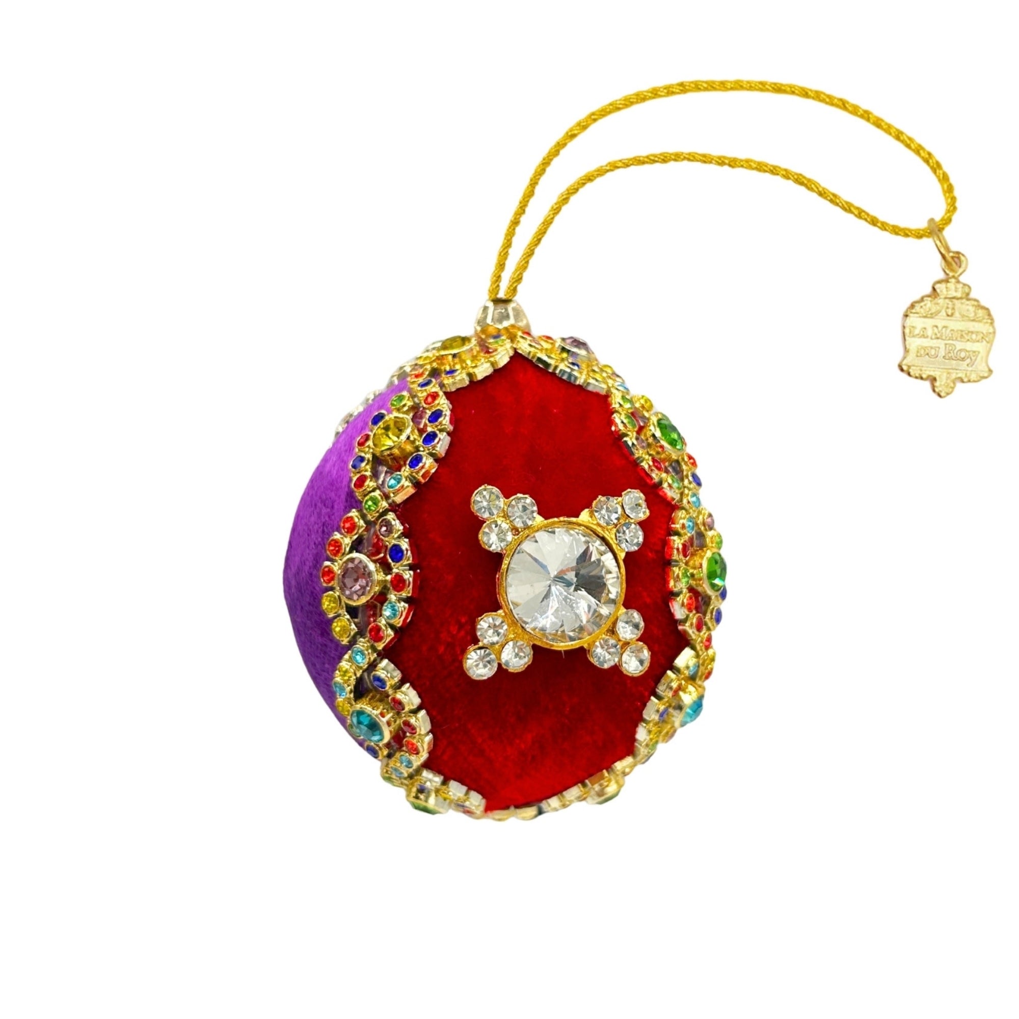 Boule de Noël en velours rouge et violet, ornée de strass multicolores et cordon doré