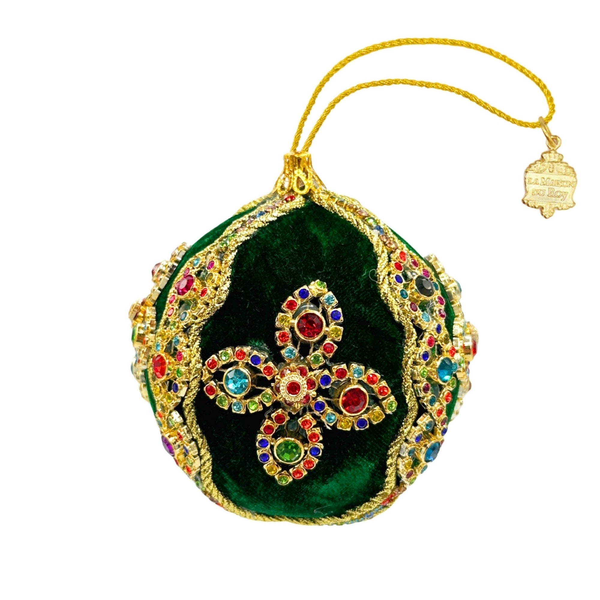 Boule de Noël en velours vert, croix de strass multicolores et contour doré
