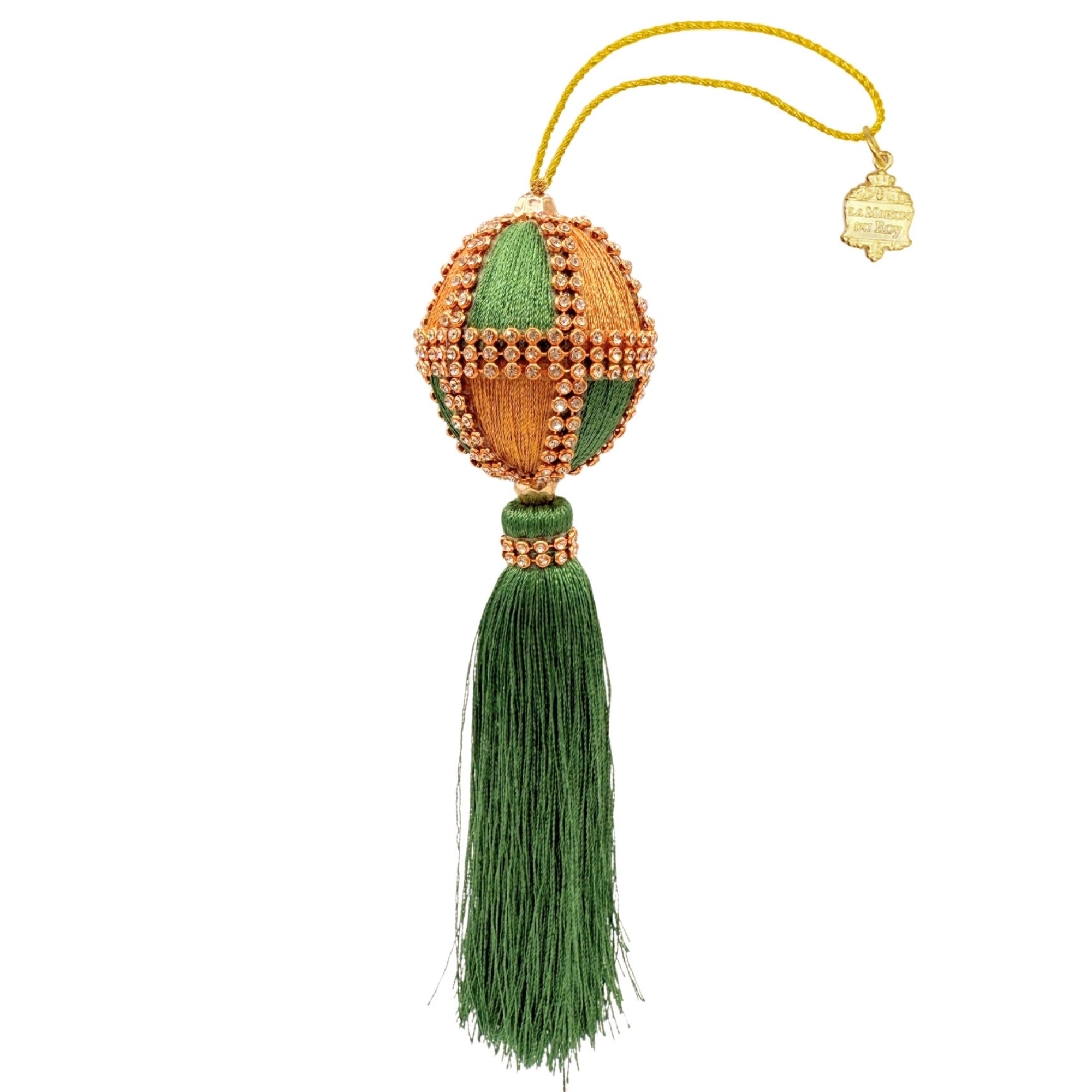 Boule de Noël dorée et verte strassée avec long pompon vert