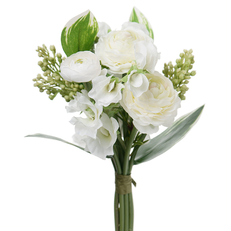 Bouquet artificiel blanc de 30 cm avec fleurs rondes, feuillage vert et tiges liées