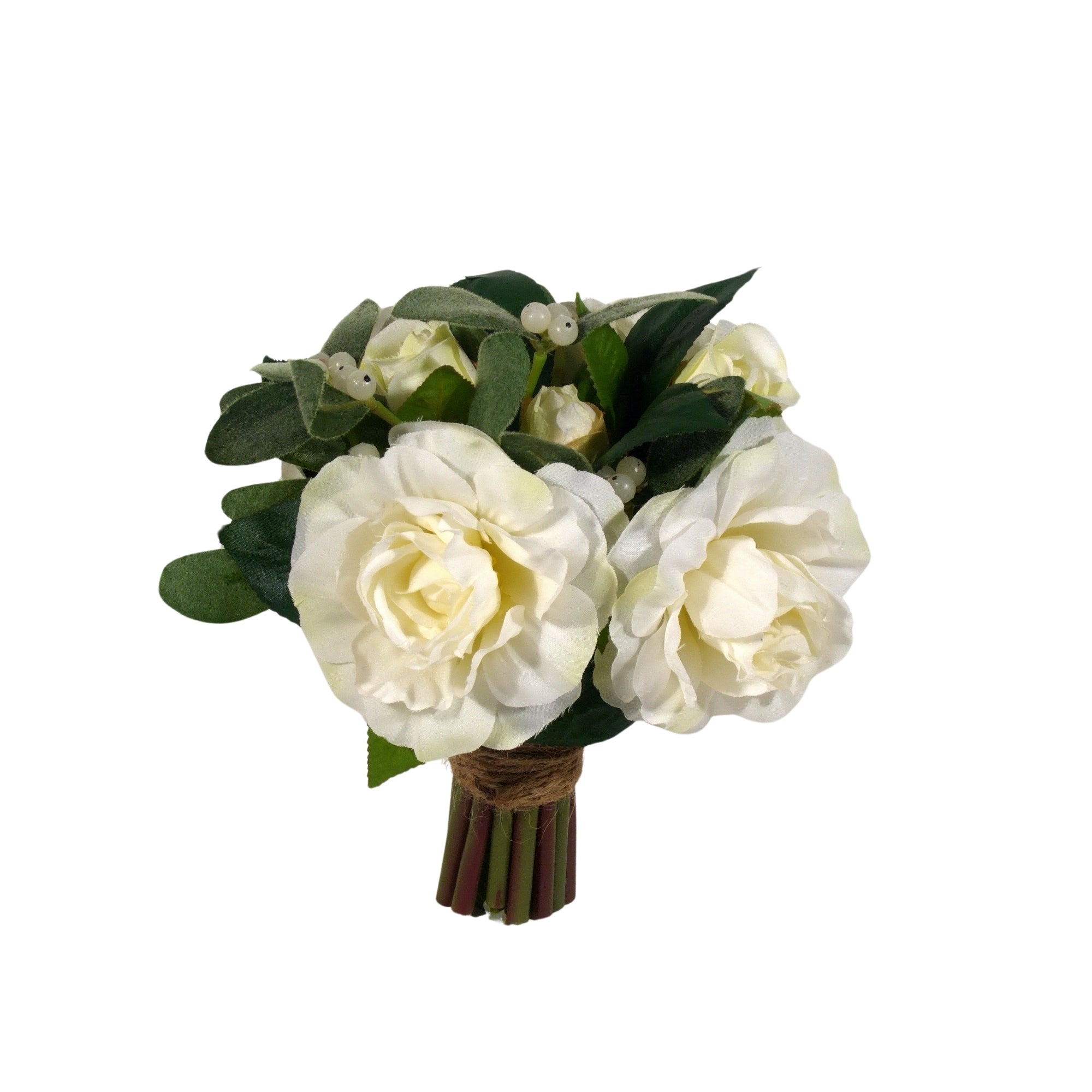 Bouquet de camélias blancs artificiels, trois fleurs et feuillage vert, tiges brunies