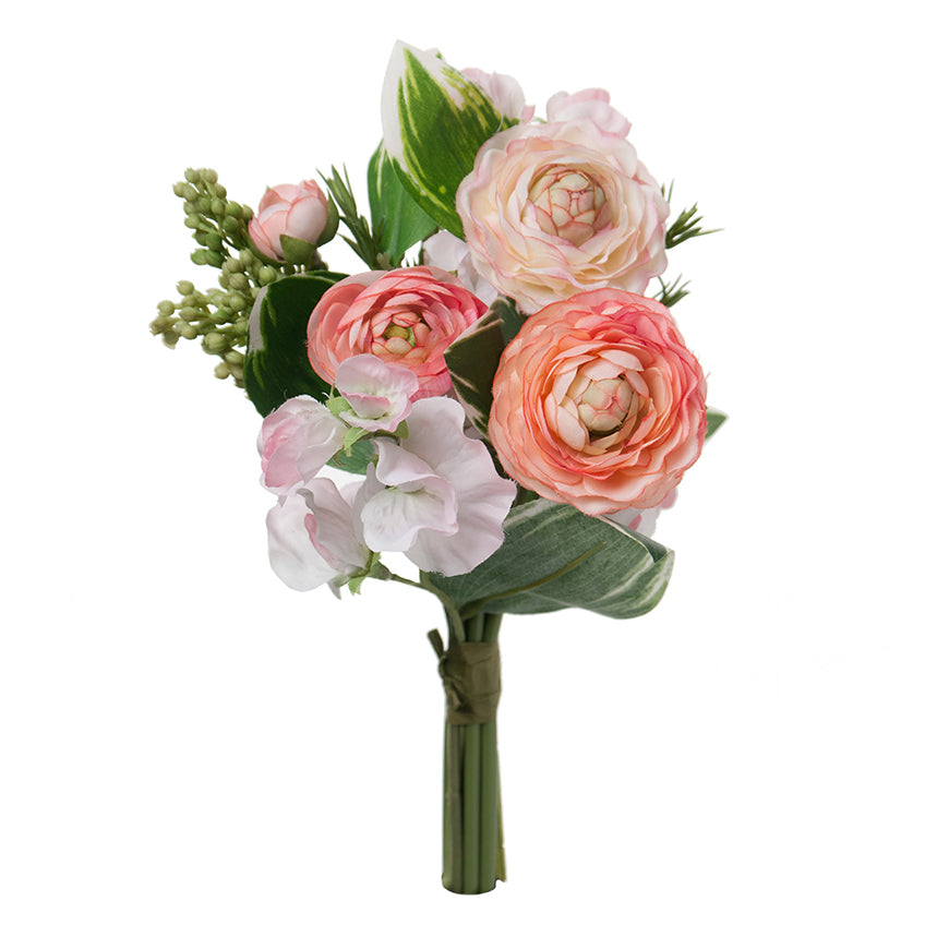 Bouquet de pivoines artificielles abricot, rose et blanc, avec feuilles vertes
