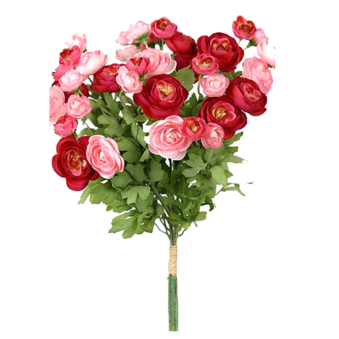 Bouquet de renoncules synthétiques roses et rouges avec feuillage vert, tiges liées