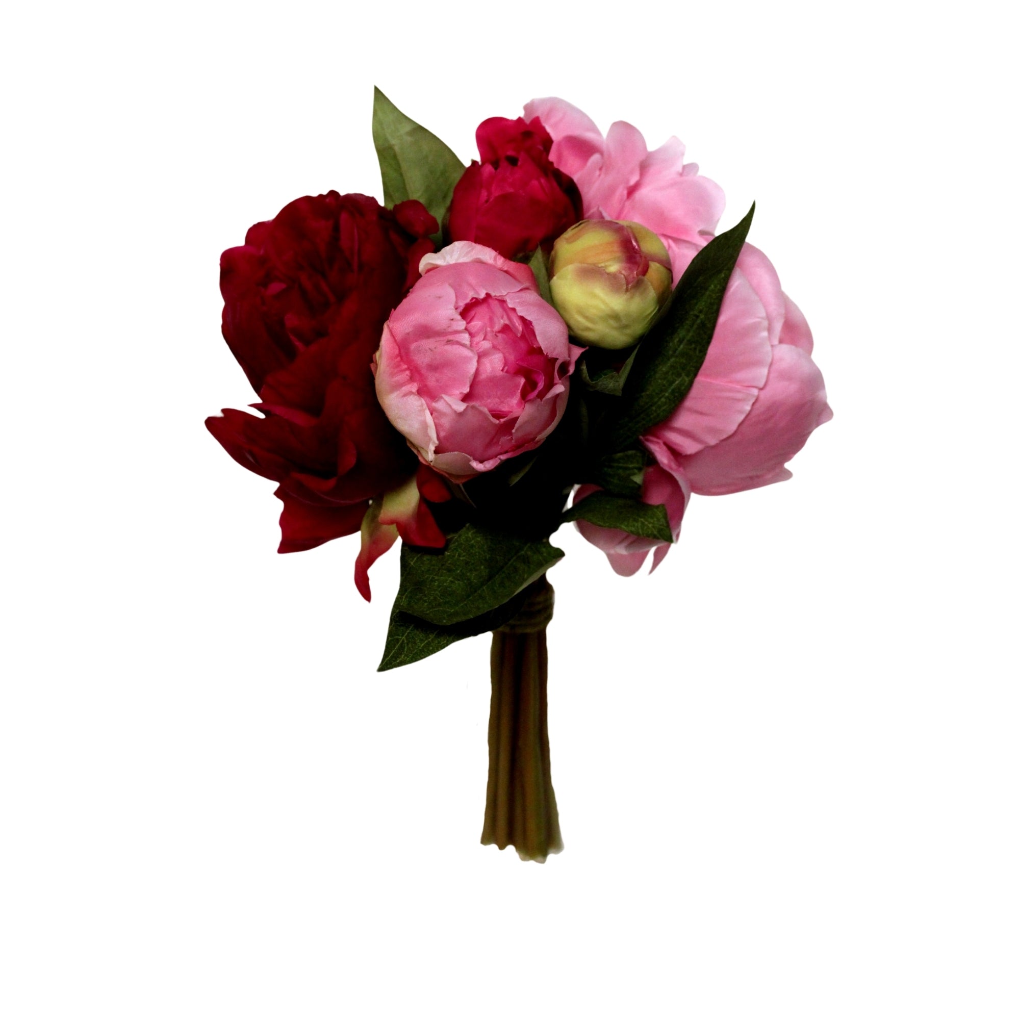 Bouquet de pivoines artificielles rouges et roses avec feuilles vertes