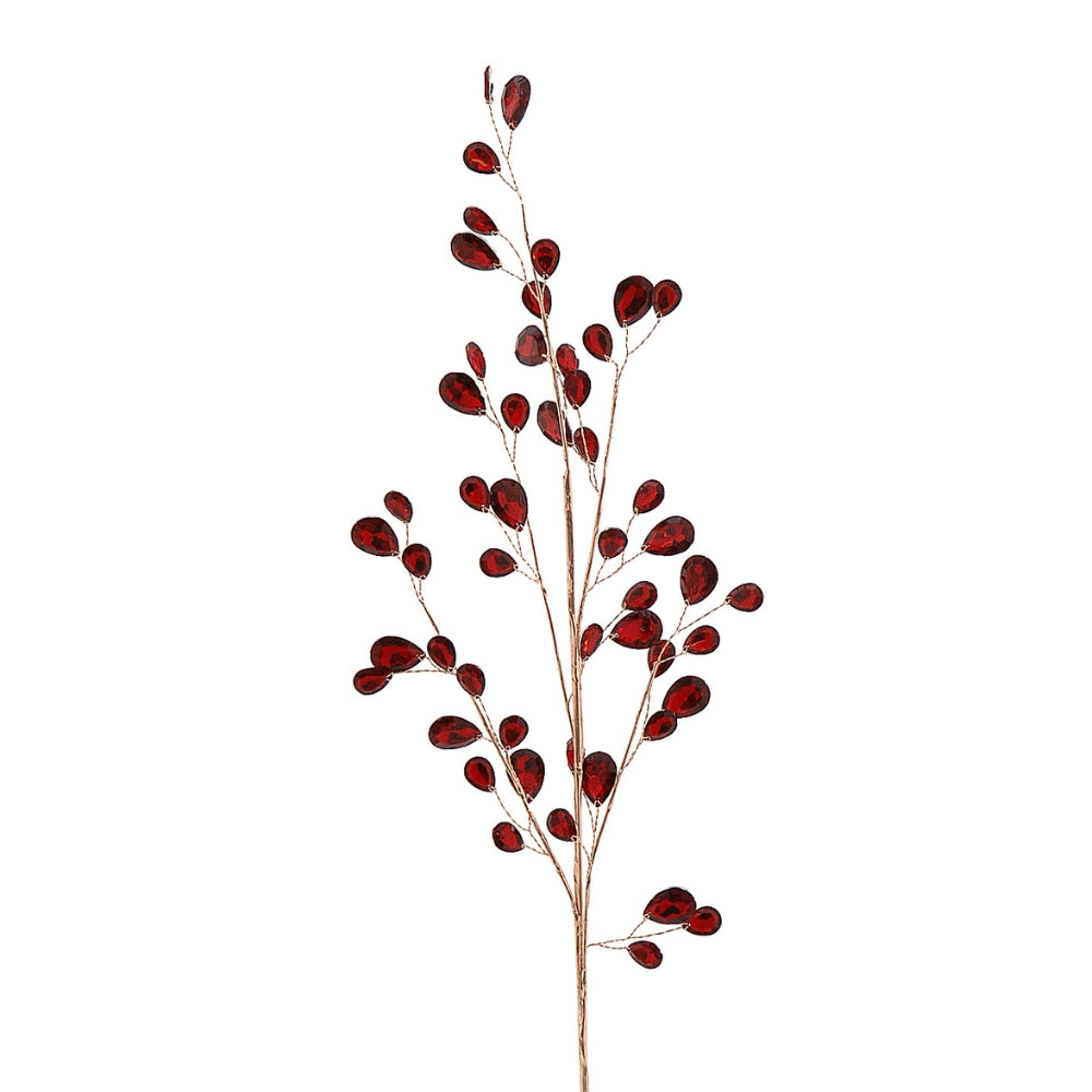 Branche décorative à cristaux rouges sur tiges dorées, vue entière