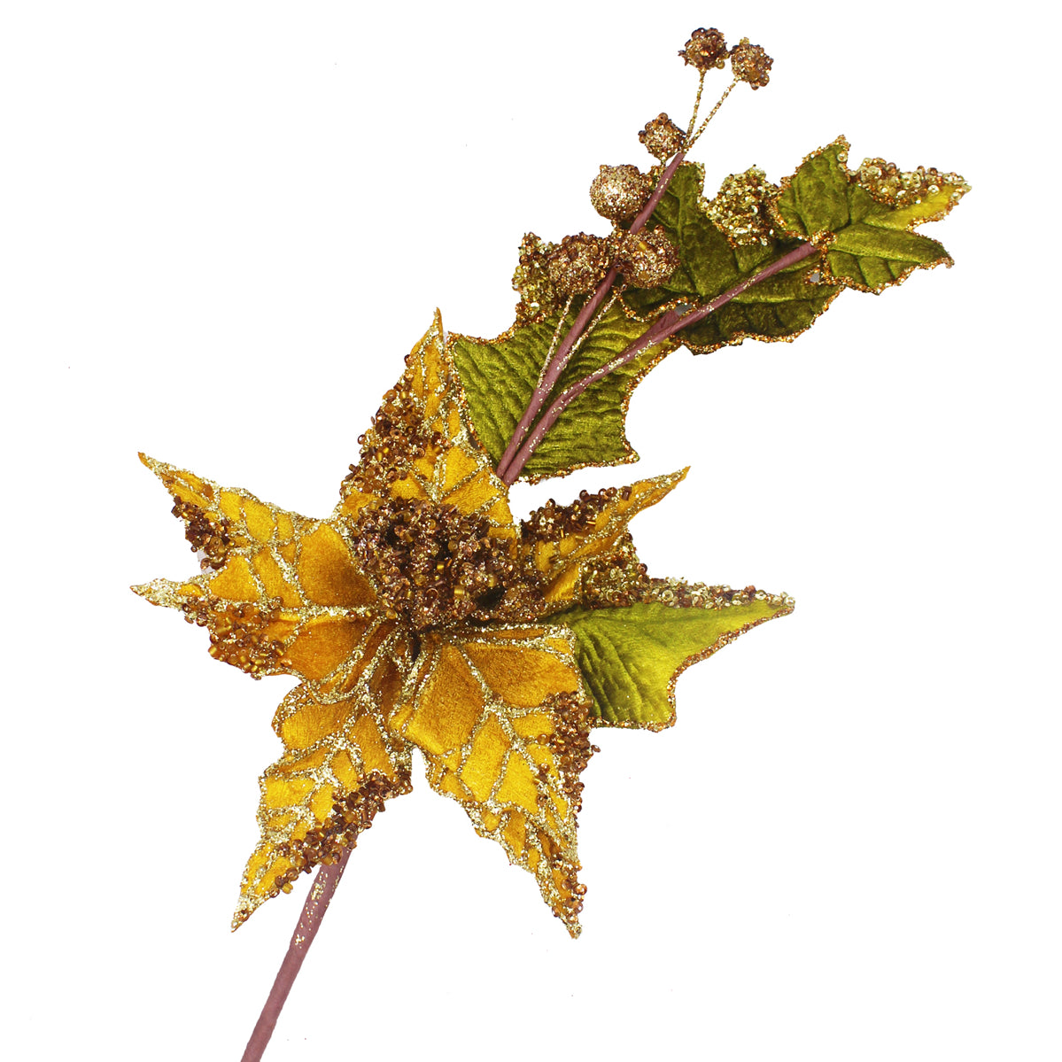Branche décorative de poinsettia doré et vert pailleté avec feuilles et tige