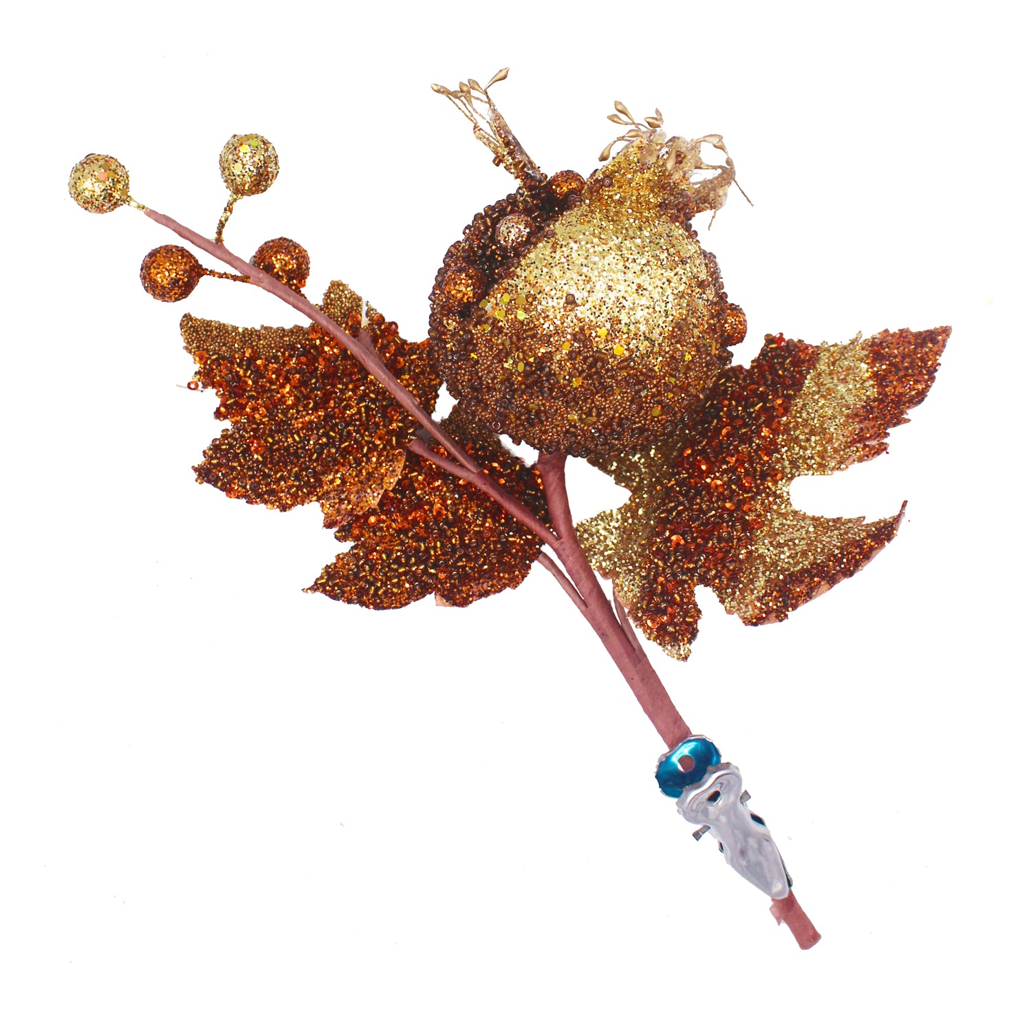 Branche décorative pailletée avec grenade bronze et feuilles cuivrées