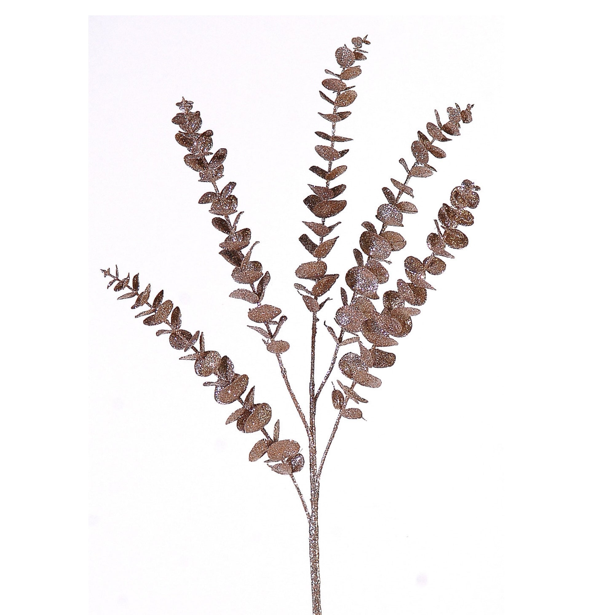 Branche d'eucalyptus doré scintillant avec feuilles arrondies pailletées et tiges fines, décor végétal festif