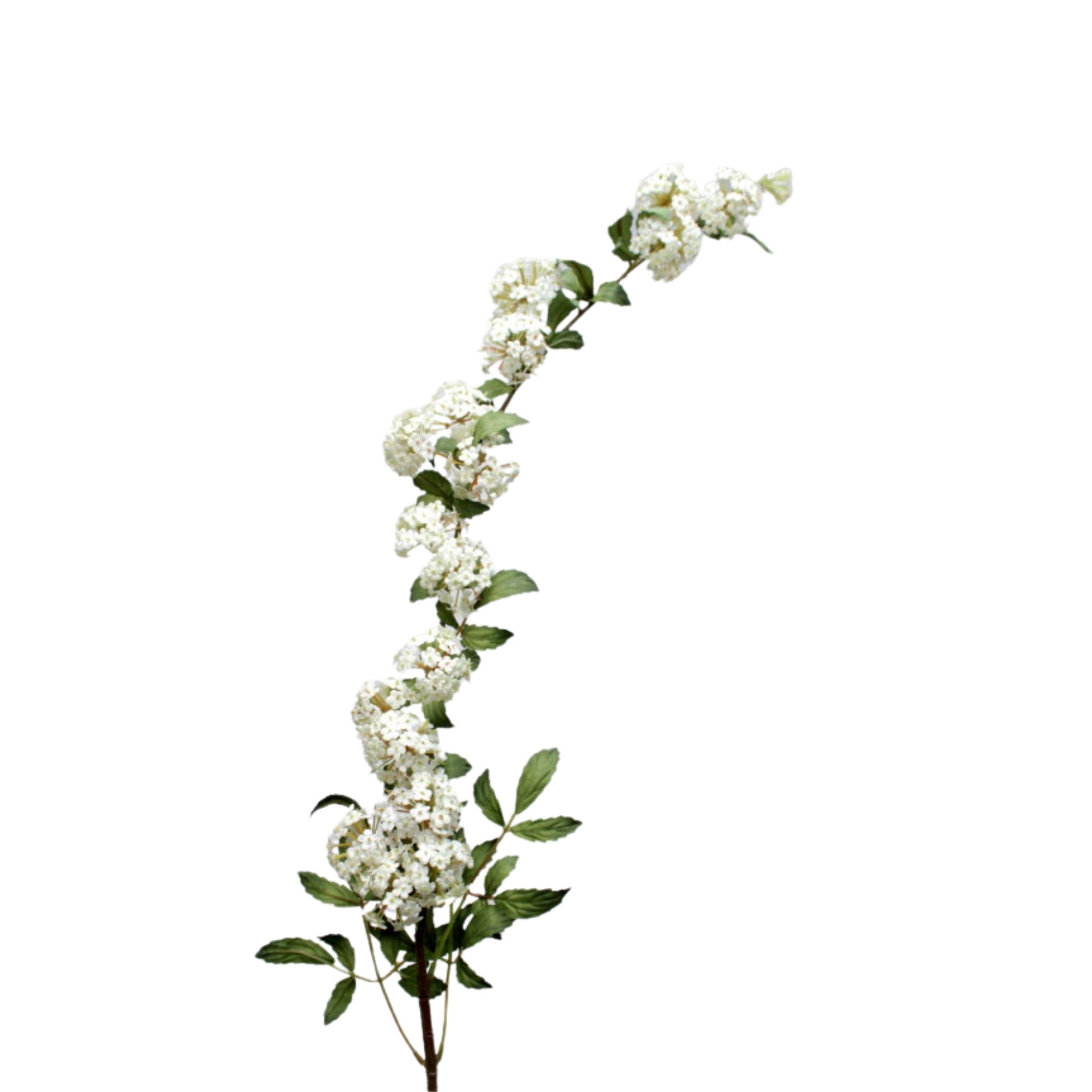 Branche de spirea artificielle crème et blanc, grappes de petites fleurs et feuilles vertes