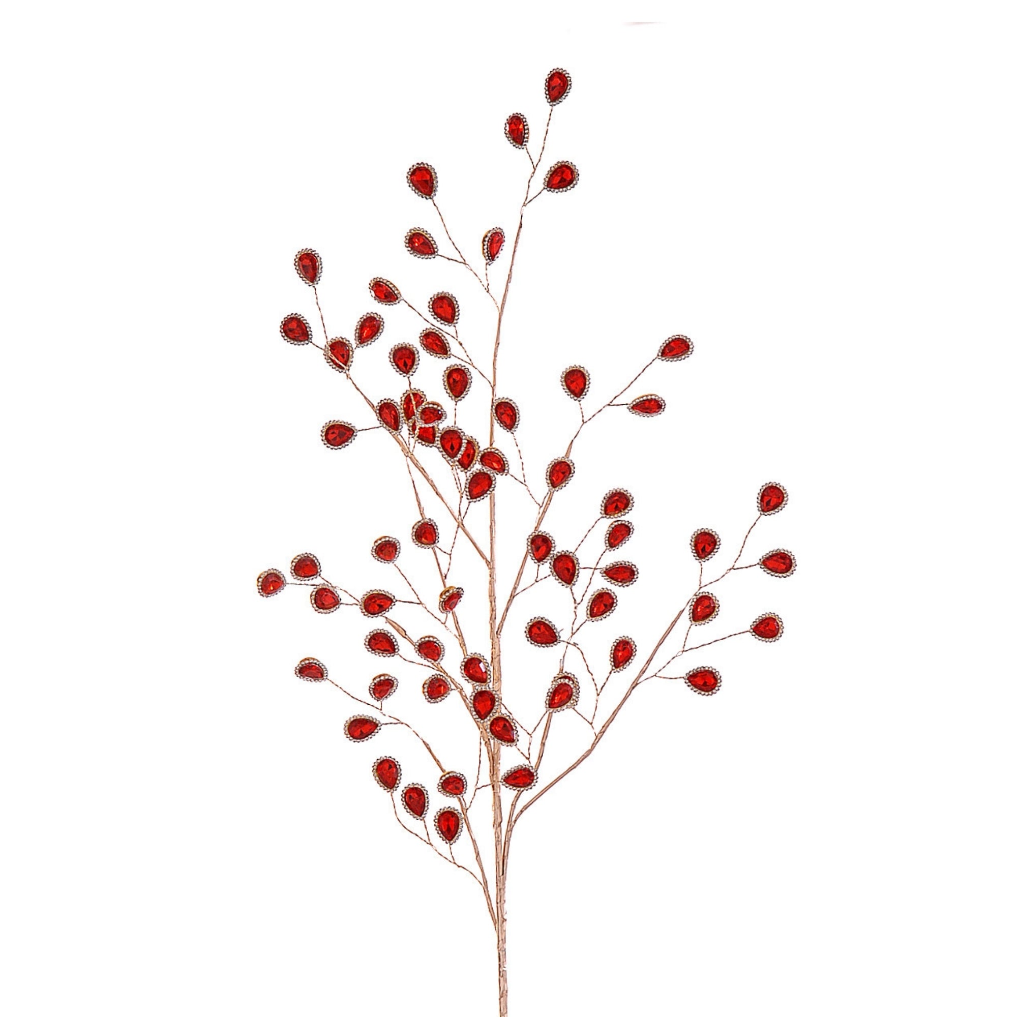 Branche décorative avec cabochons rouges entourés de strass scintillants, tiges fines et ramifiées