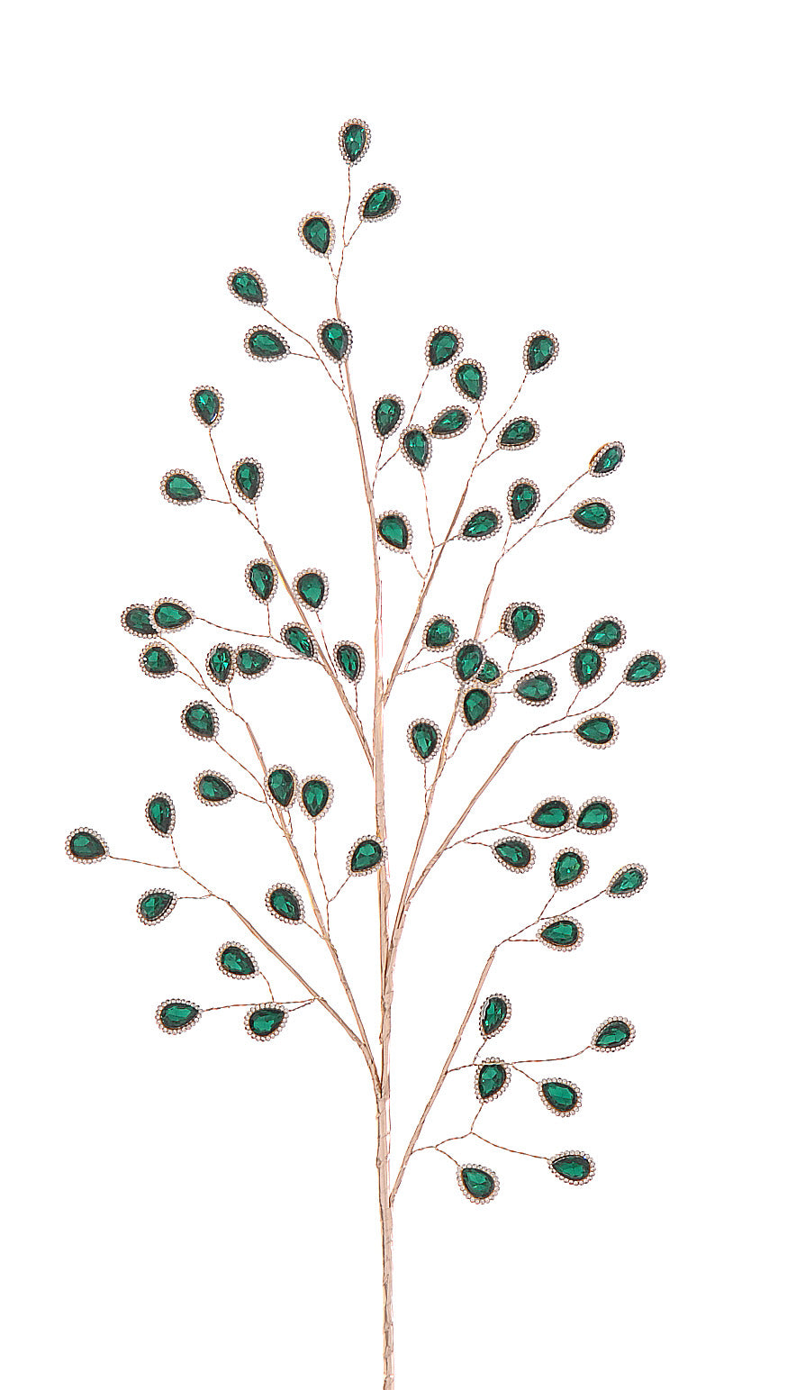 Branche décorative à tige dorée ornée de cabochons vert émeraude en forme de goutte entourés de strass scintillants