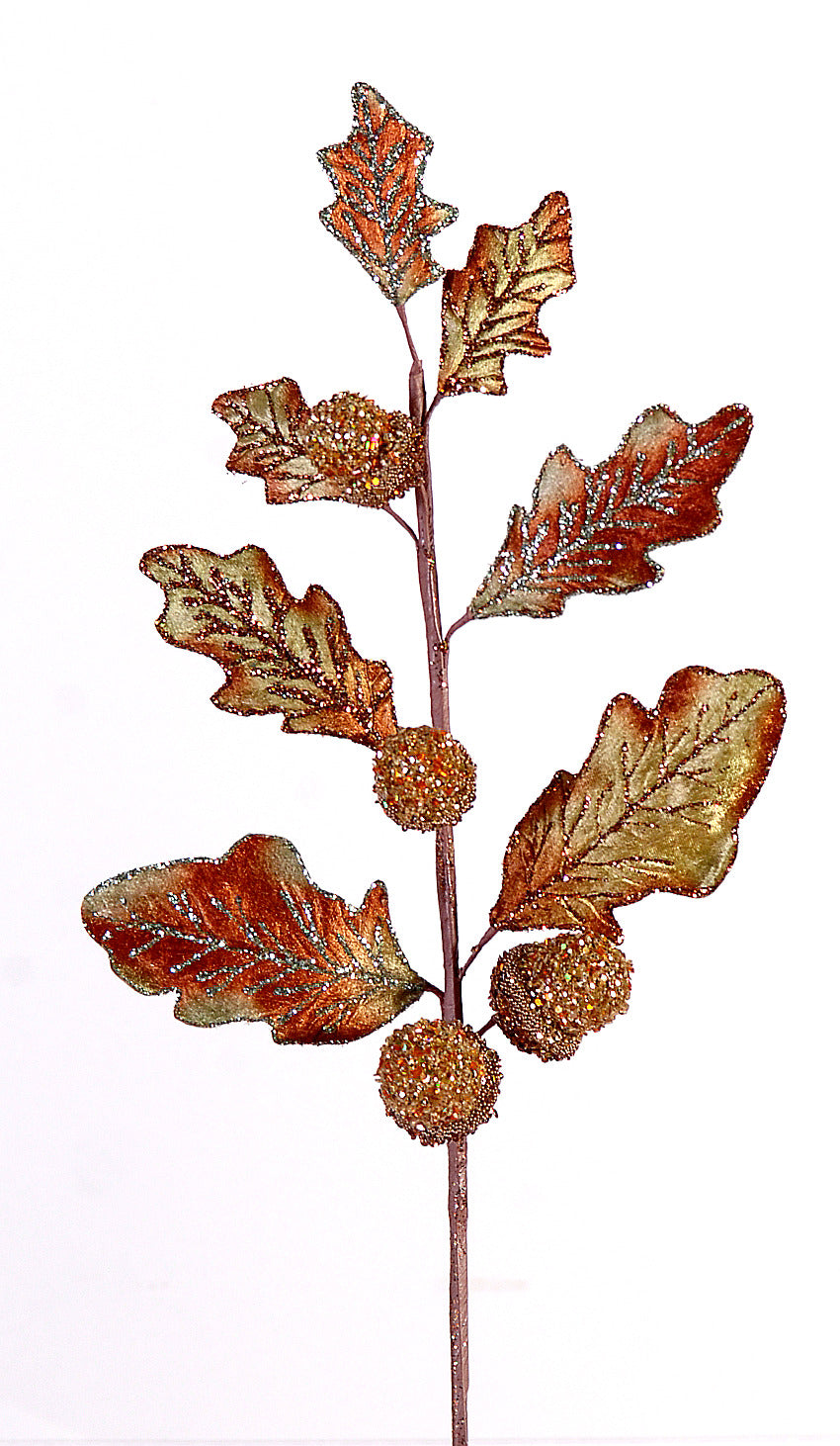 Branche décorative avec feuilles de chêne cuivrées scintillantes et glands pailletés, tige fine pour composition de Noël