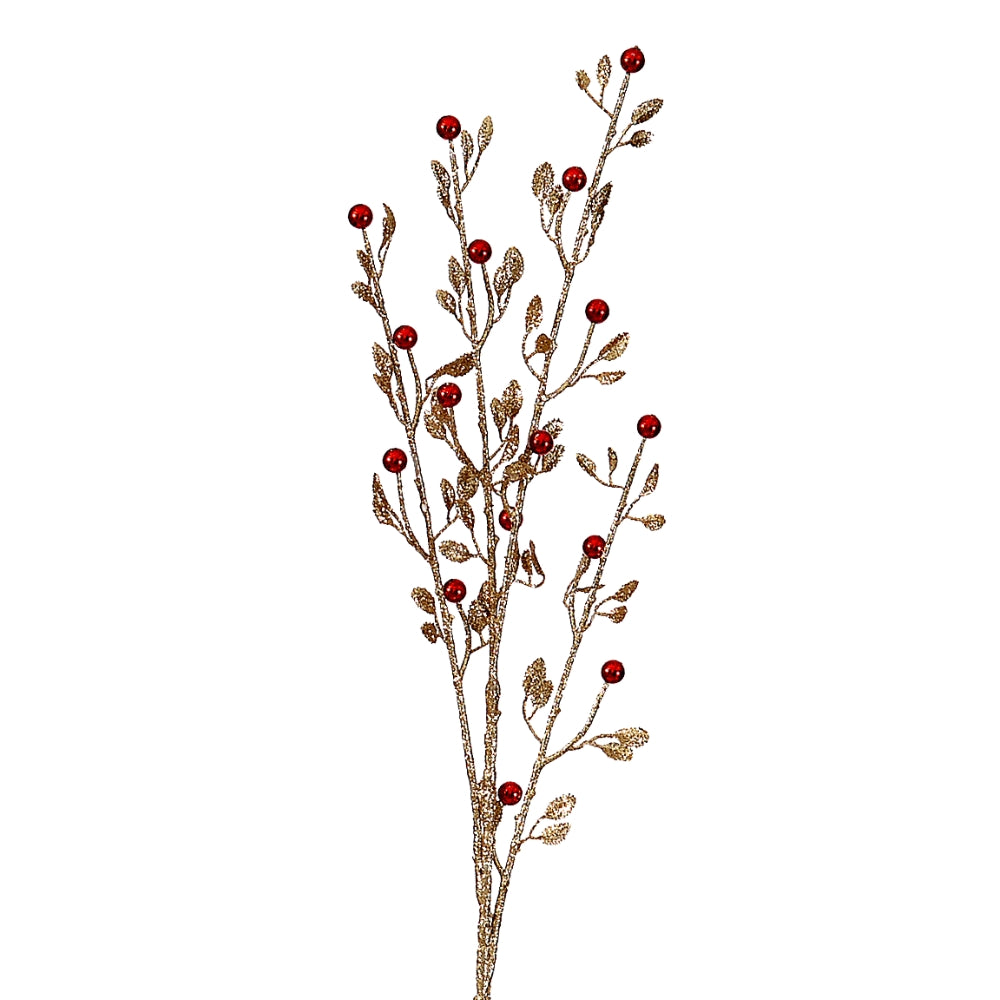 Branche de Noël dorée à petites boules rouges et feuilles pailletées