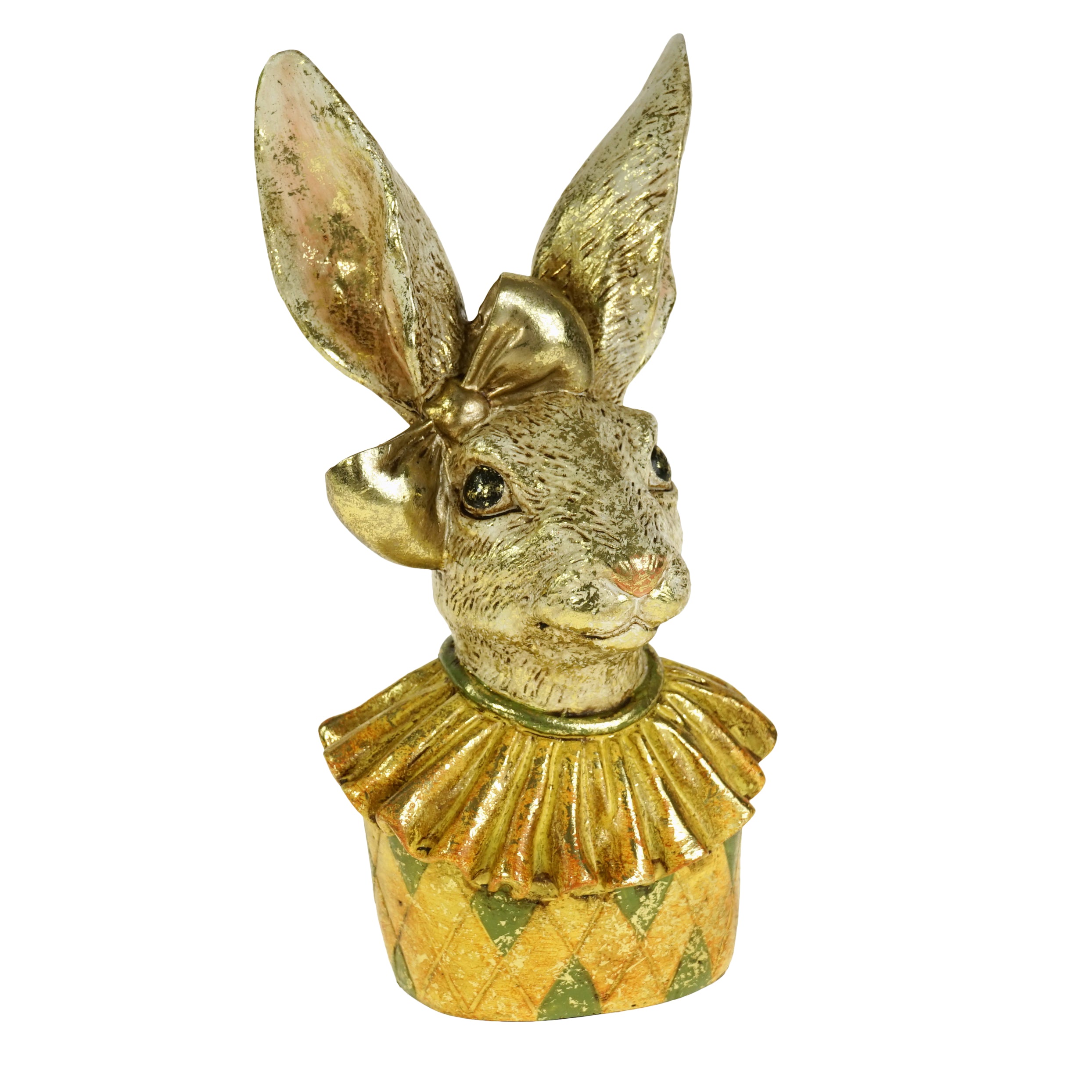 Buste de lapin arlequin en résine crème, rouge et doré avec col plissé
