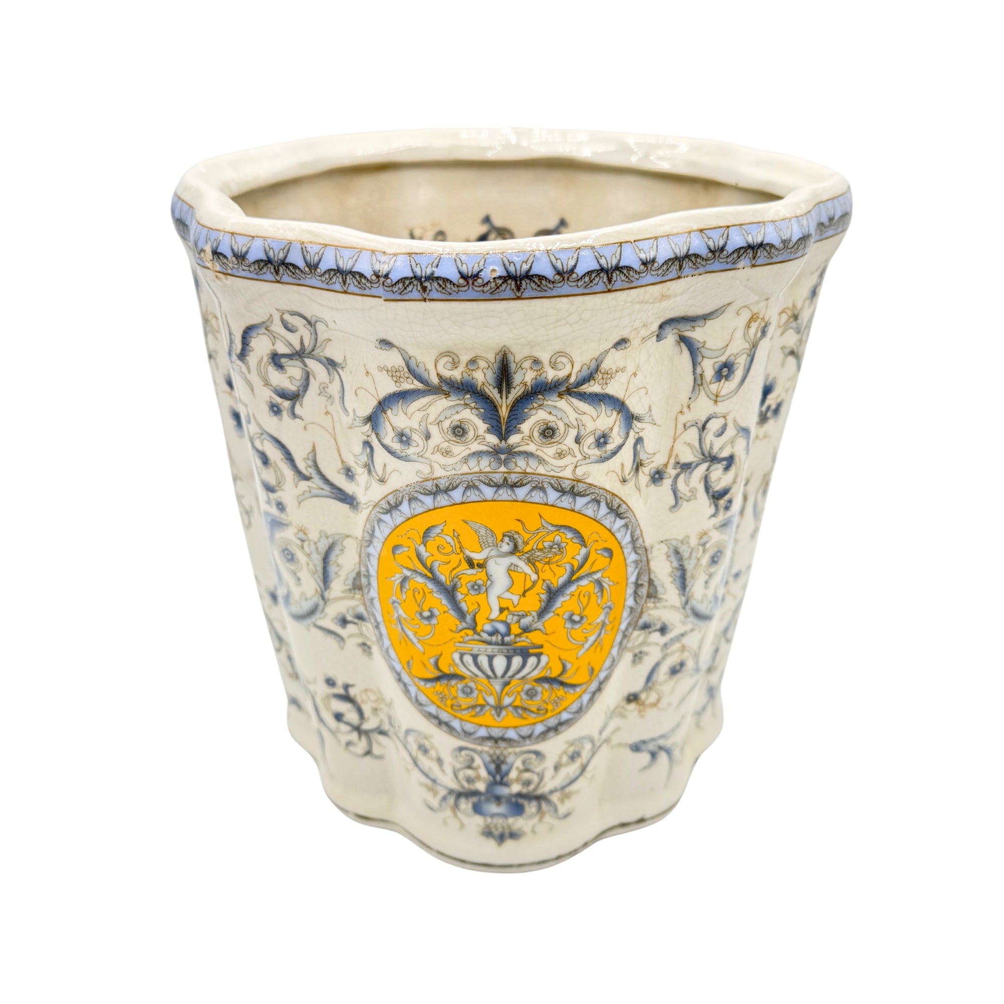Cache-pot en céramique bleu Versailles à décor baroque bleu et médaillon jaune