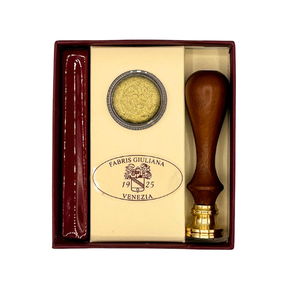Coffret de cachet de cire rouge avec poudre dorée et tampon à manche en bois