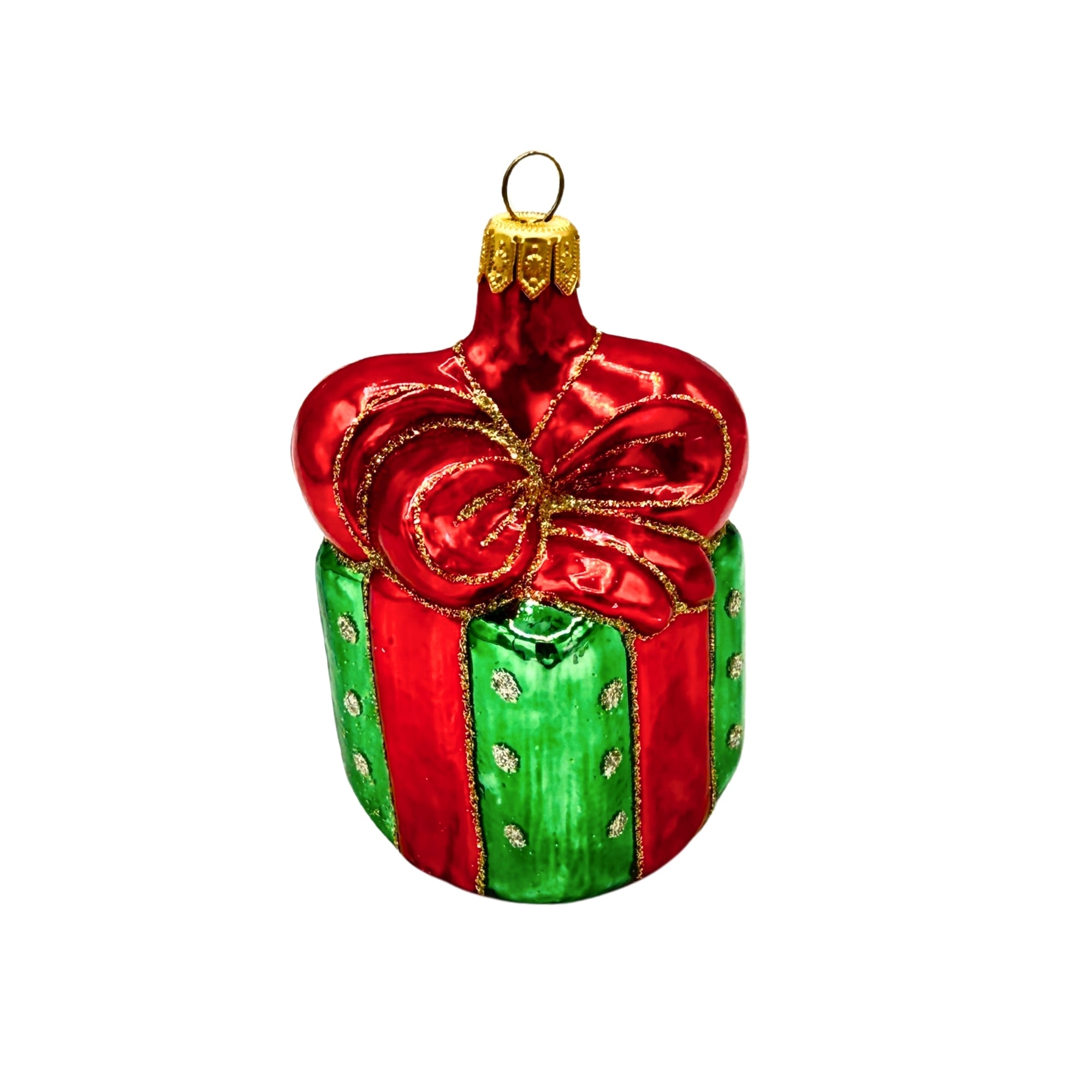 Cadeau de Noël en verre suspendu en forme de paquet avec nœud en relief, décor brillant rouge vert et détails dorés