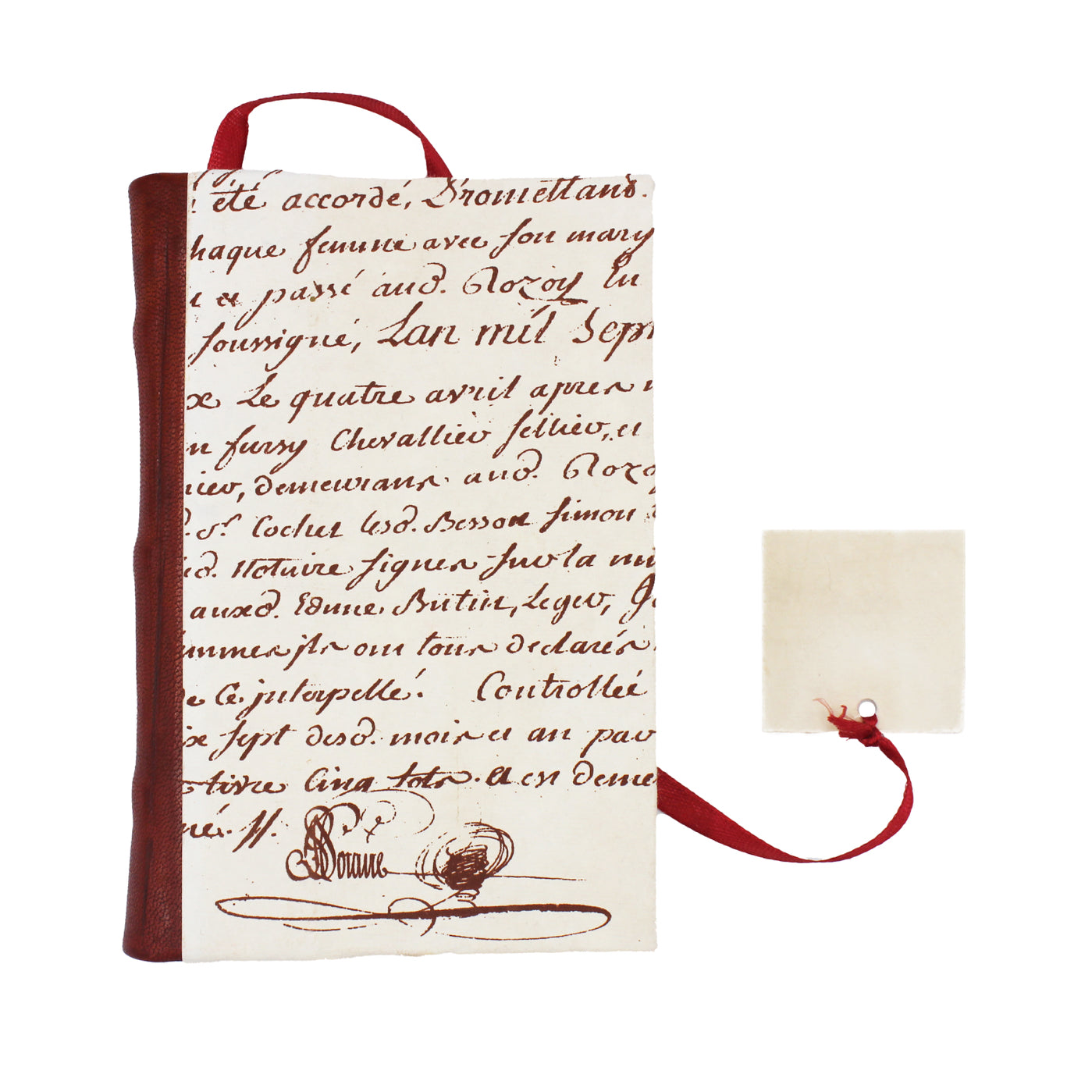 Carnet Manuscrit blanc cassé à couverture rigide et dos cuir rouge avec ruban marque-page