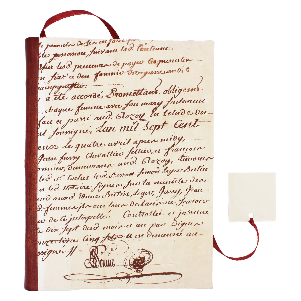 Carnet Manuscrit en papier et cuir blanc cassé, couverture rigide rouge, motif d'écriture manuscrite