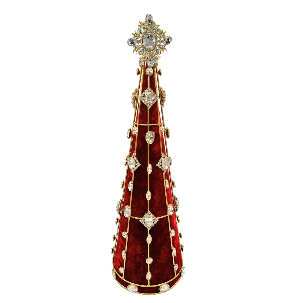 Centre de table conique en velours rouge bordé d'or et strass, surmonté d'une étoile