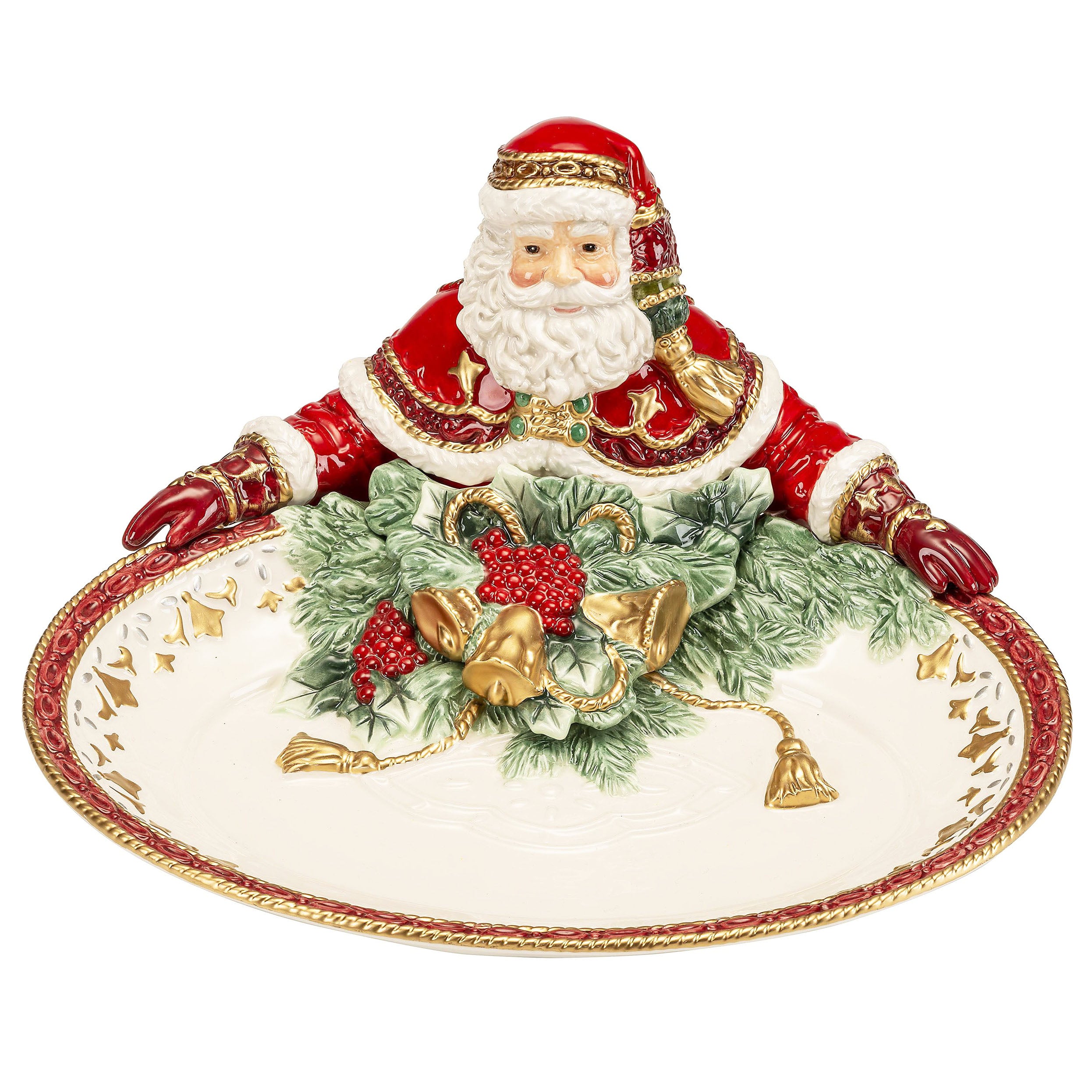 Centre de table en porcelaine avec Père Noël rouge, vert et doré