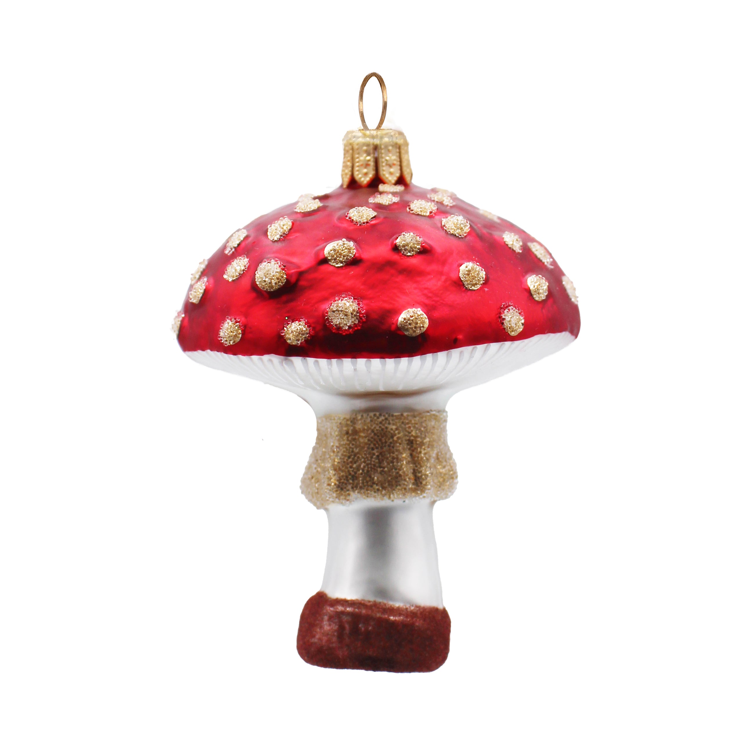 Champignon décoratif en verre soufflé rouge à pois dorés, pied blanc et doré