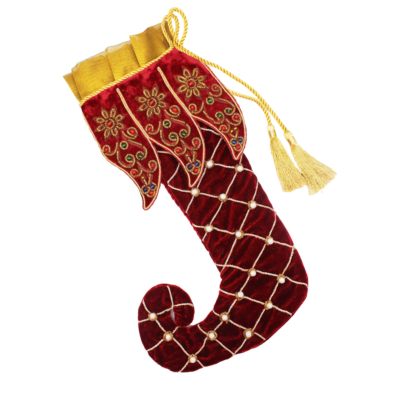 Chaussette de Noël en velours rouge brodée d'or avec cordon et pompons dorés