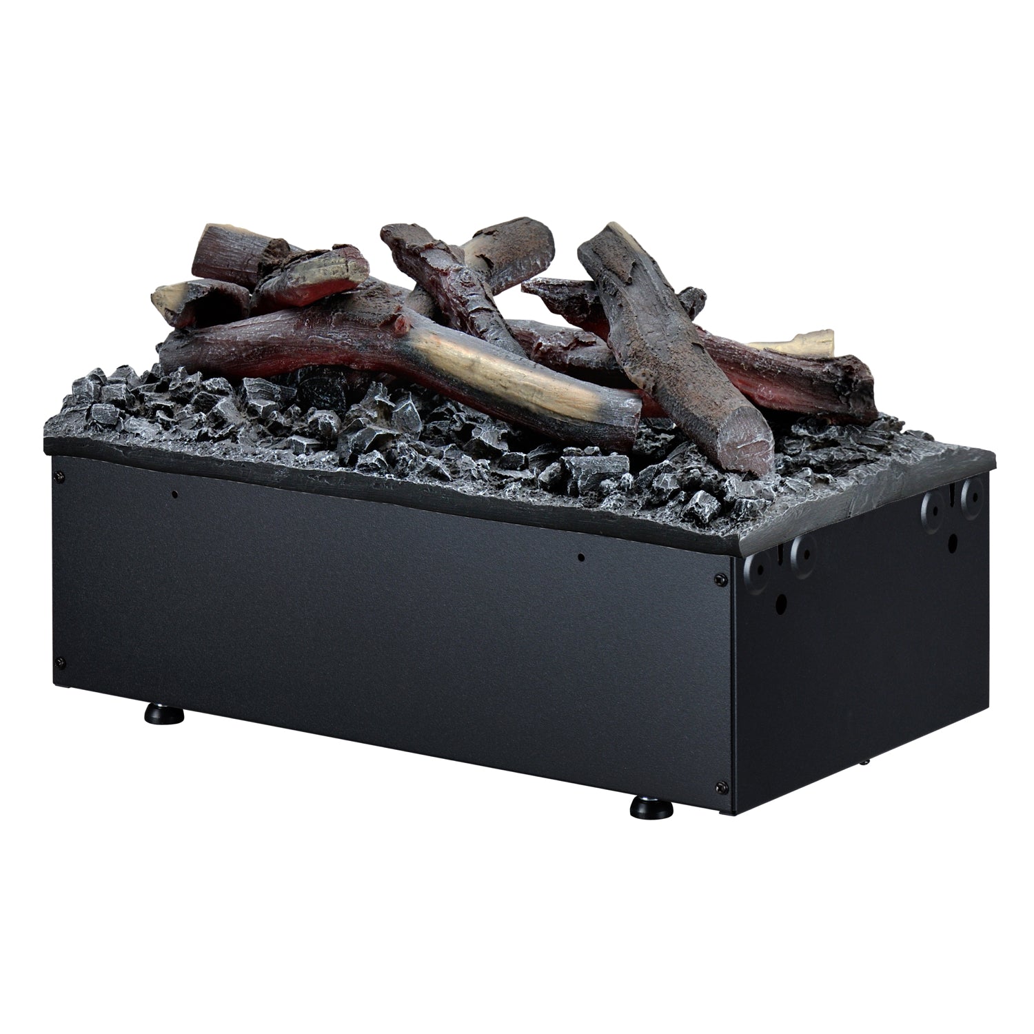 Cheminée à vapeur noire avec bûches artificielles et foyer en relief