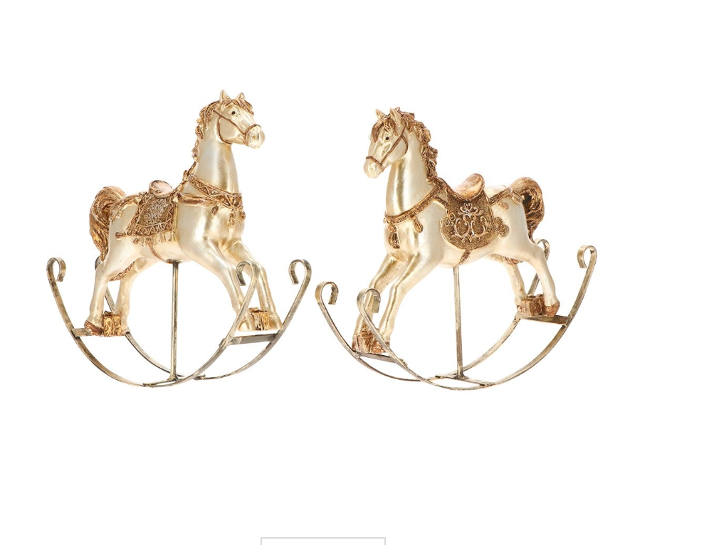 Cheval à bascule décoratif doré en résine avec selle sculptée et base arquée