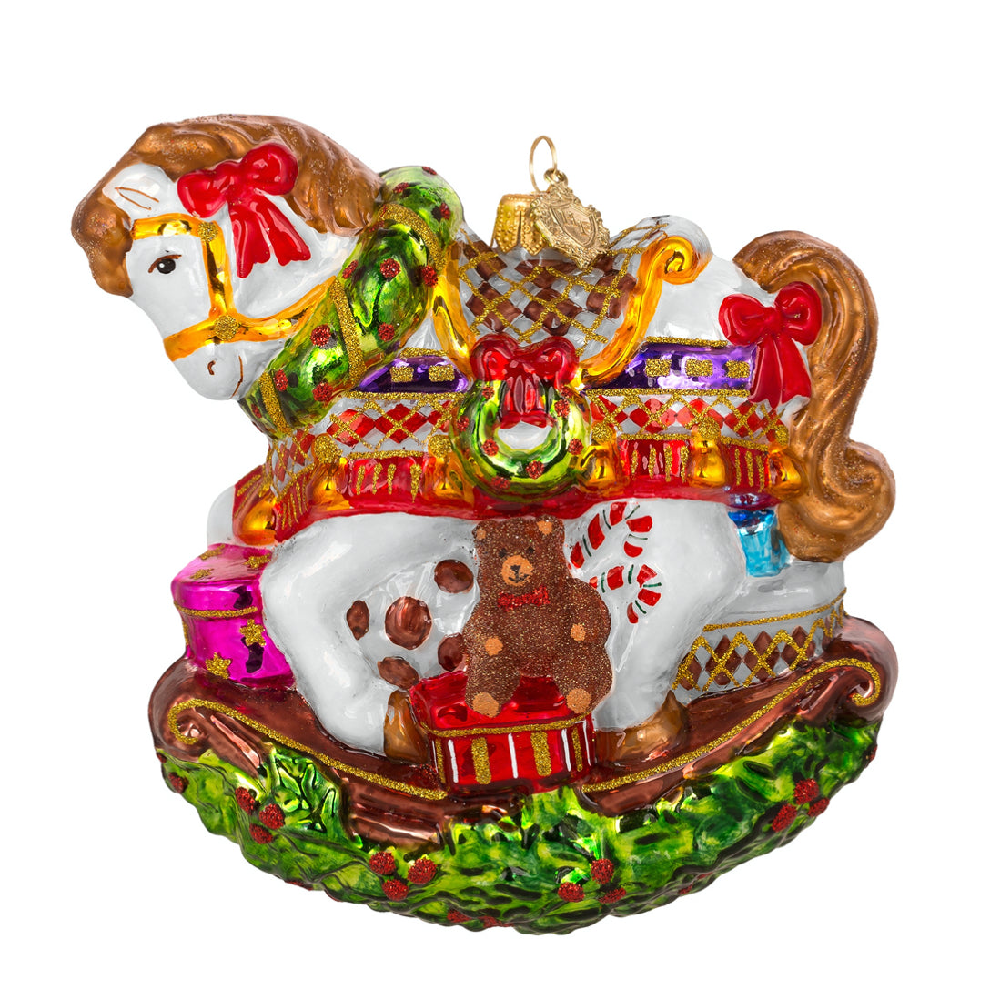 Cheval à bascule en verre soufflé décoré de rubans rouges et d'un ourson, en couleurs festives