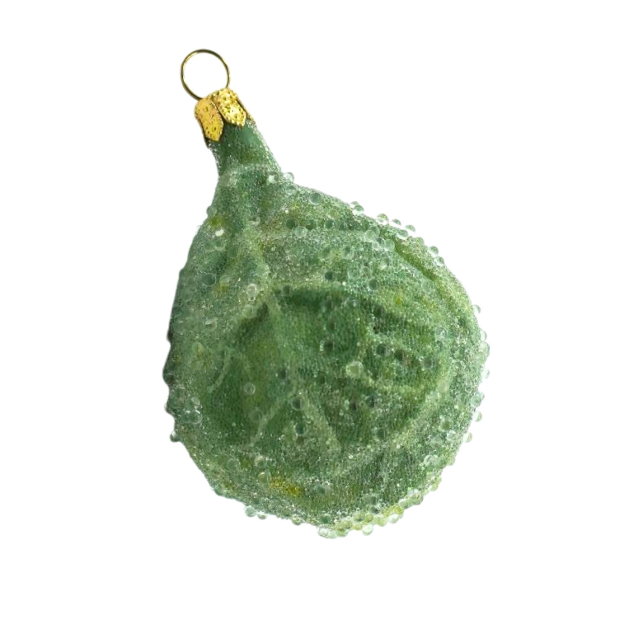 Chou en verre soufflé vert pâle irisé, nervuré et givré, suspendu à un anneau doré