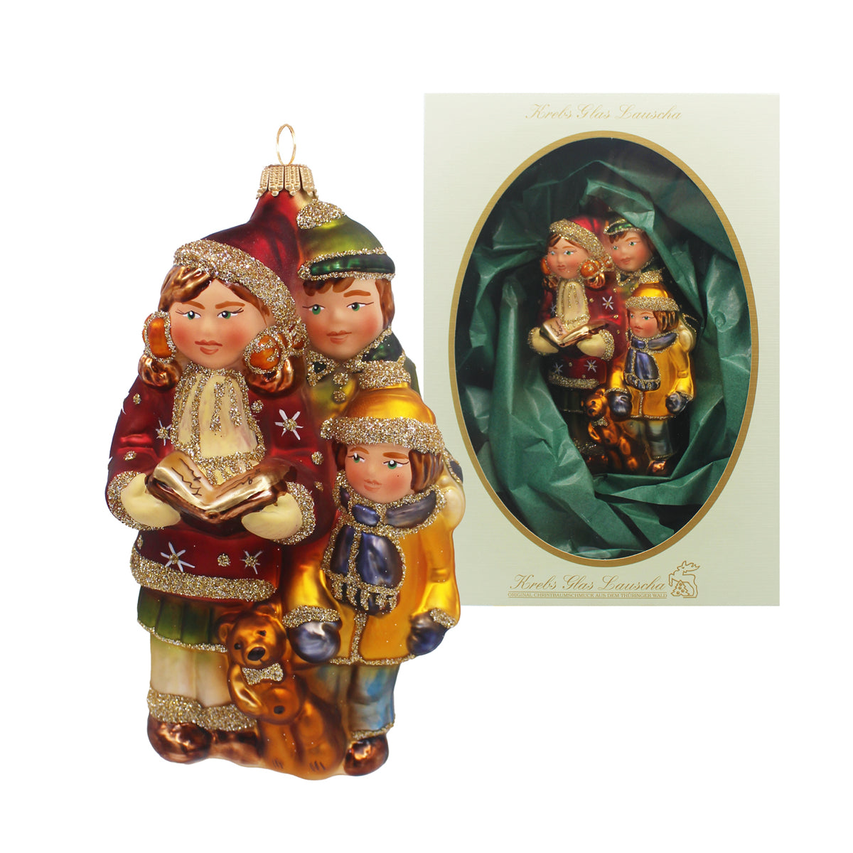 Choeur d'enfants en verre soufflé peint, trois chanteurs de Noël dorés et rouge