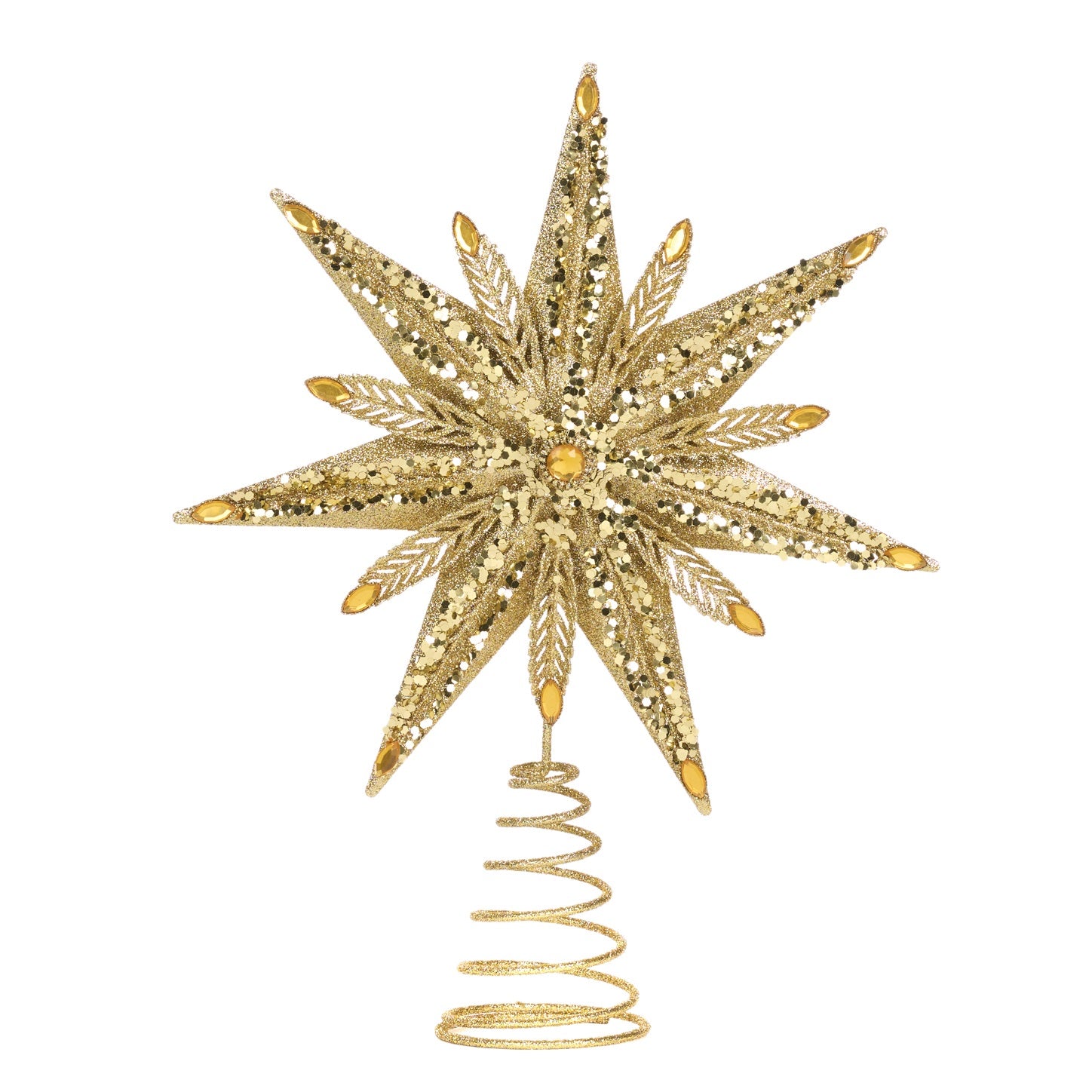 Cimier de sapin étoilé doré à paillettes avec base spirale