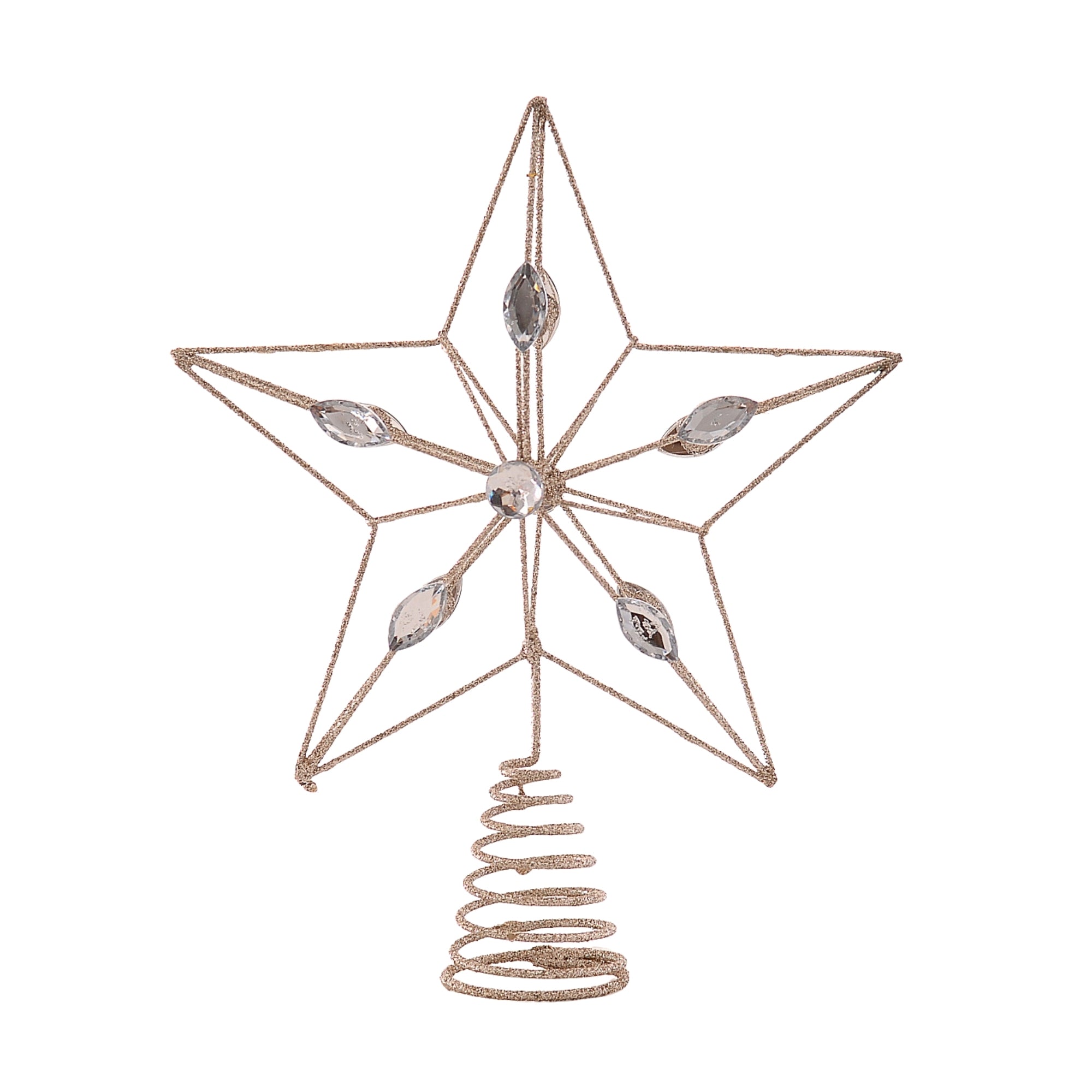 Cimier de sapin en étoile dorée ajourée avec strass scintillants et base spiralée pour fixation au sommet