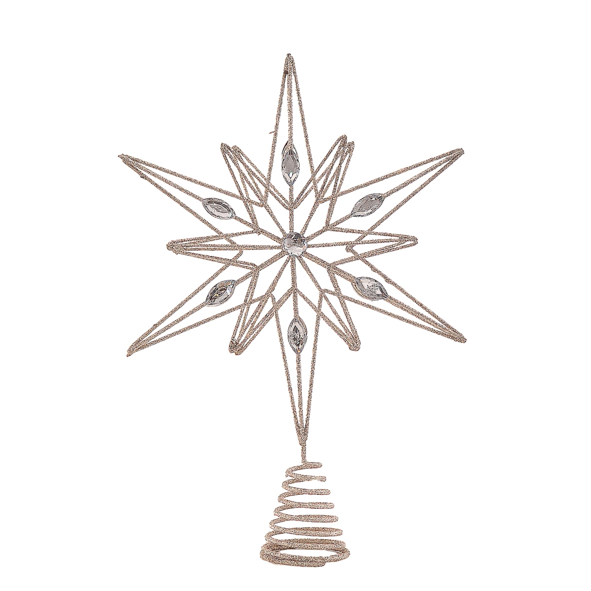 Cimier de sapin en forme d'étoile à huit branches, structure filaire dorée ajourée avec strass et base spiralée