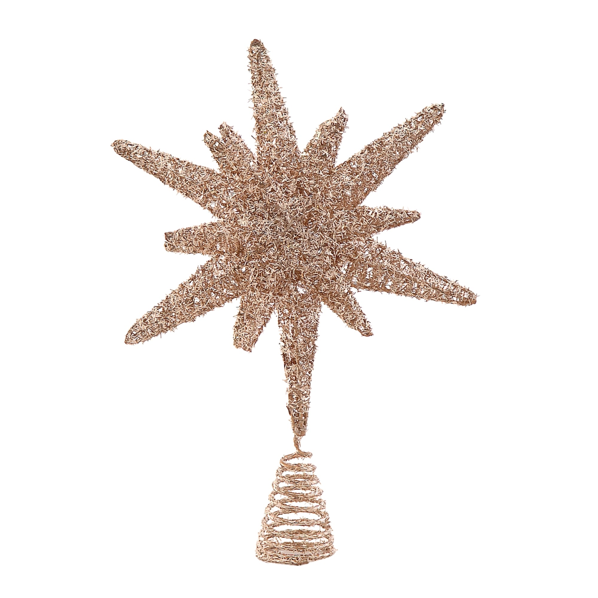 Cimier de sapin étoile filante dorée à douze branches, paillettes scintillantes et base spirale