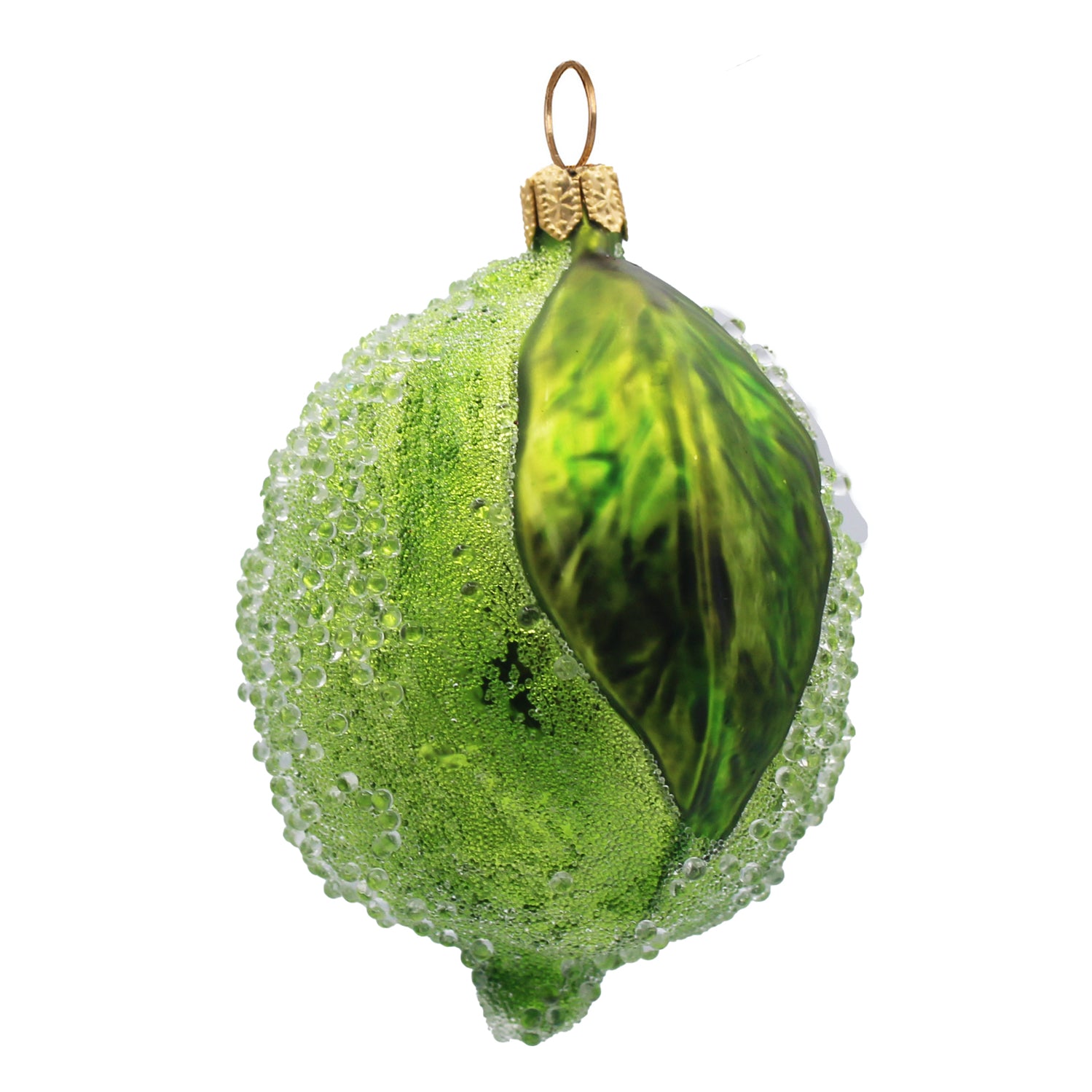 Citron vert en verre soufflé vert et doré, suspendu avec écorce texturée