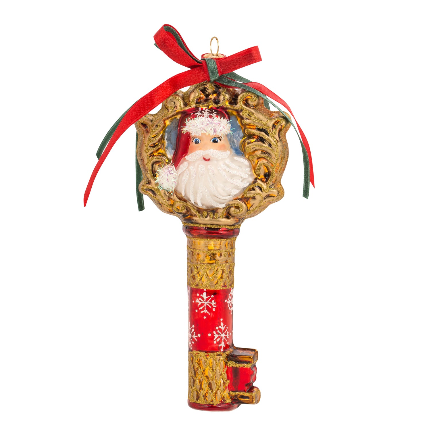 Clef de Noël en verre soufflé rouge et doré avec visage de Père Noël et nœud ruban