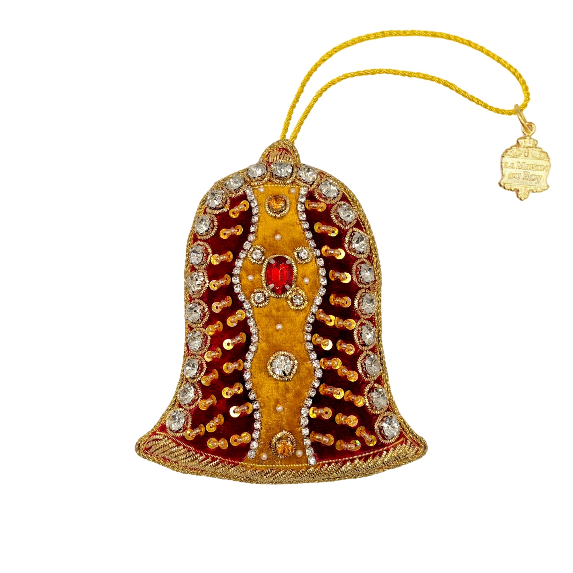 Cloche de Pâques rouge brodée à la main, fils dorés, strass et pierre centrale, cordon doré décoratif
