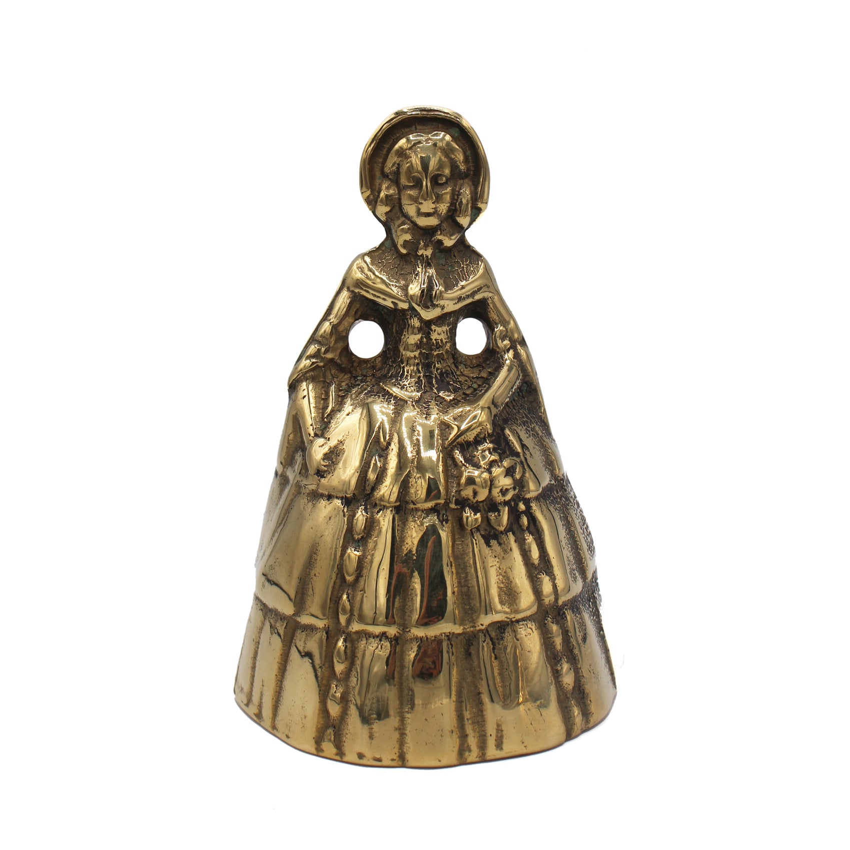 Cloche en laiton doré patiné en forme de femme, robe plissée et capuche